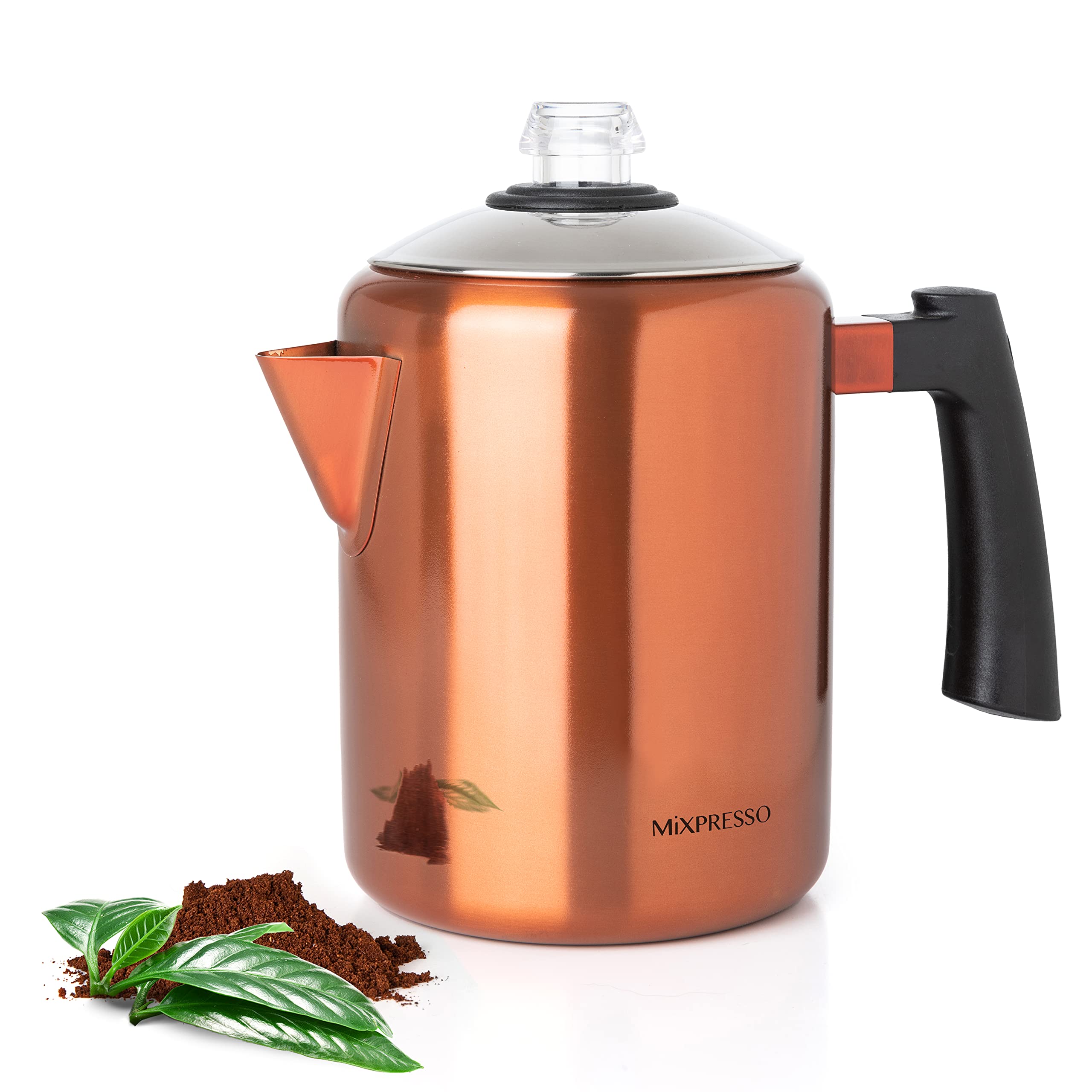 Mixpresso Stainless Steel Stovetop Coffee Percolator - 37oz (5-8 Cup) Copper Coffee Maker for Camping, Home & Outdoor Use - Durable Stove Top Coffee Pot for Gas, Electric & Induction Cooktops