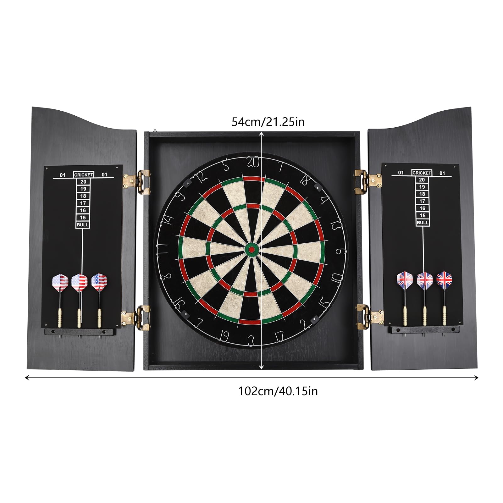 Premium Wall-Mounted Black Dartboard Cabinet Set - Easy Assembly Wooden Dart Board with Hideaway Storage & 2 Steel-Tip Darts - Ready-to-Play Bundle for Game Rooms, Bars, and Man Caves