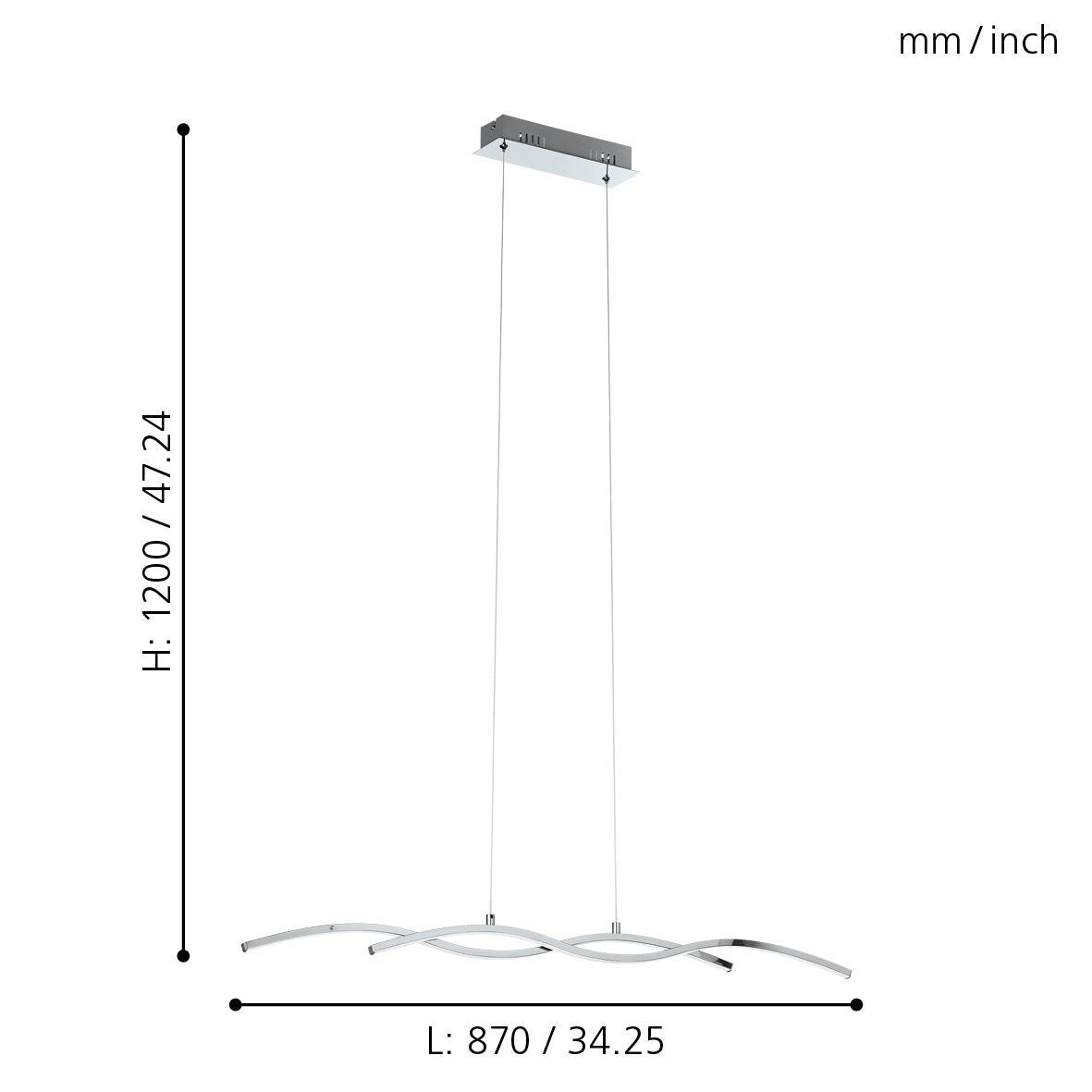 Eglo Lasana 2 LED Chrome Curved Ceiling Pendant Light Fixture - 34.25 Inch Modern Dining Room Lighting for Kitchen Island, Bedroom, or Entryway