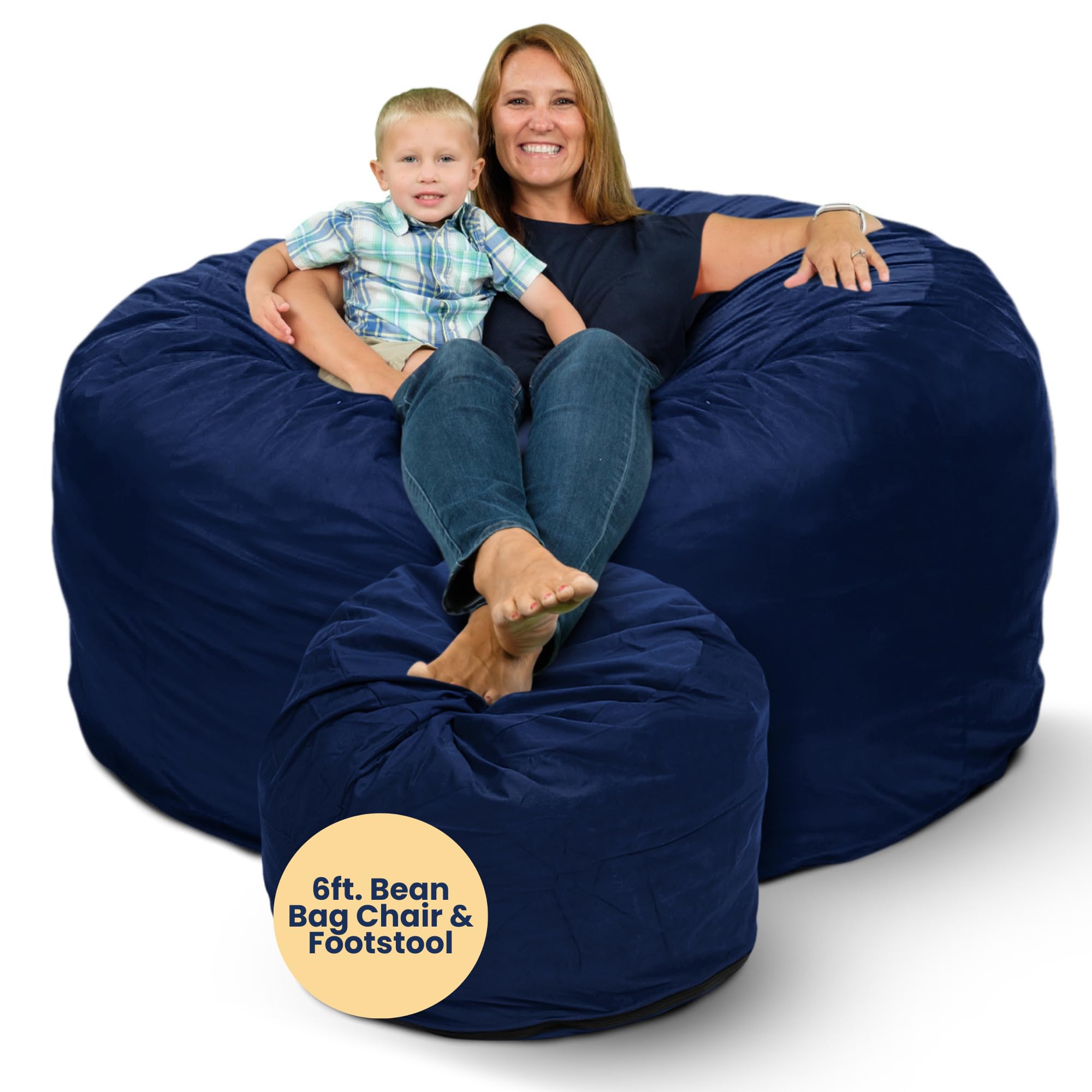 ULTIMATE SACK 6ft Oversized Bean Bag Chair & Footstool Set - Navy Suede Lounge Furniture for Adults | Perfect for Living Room, Bedroom, Game Room & Dorm Relaxation