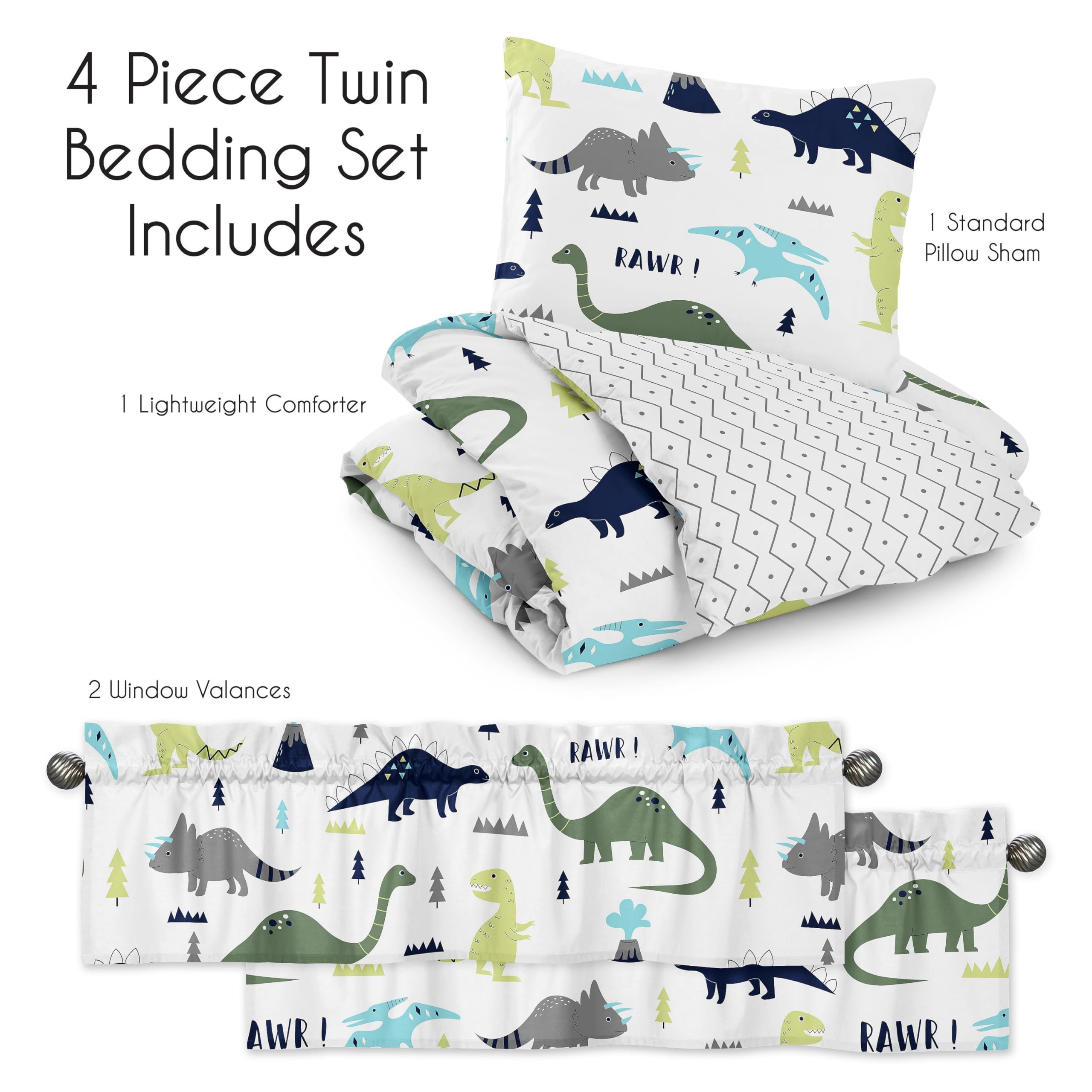 Modern Navy Blue & Green Dinosaur 4-Piece Twin Bedding Set for Boys & Girls - Kids' Bedroom Decor, Dino Themed Room, Teen Bedroom Essentials, Soft & Comfortable Bed Sheets for Children's Room