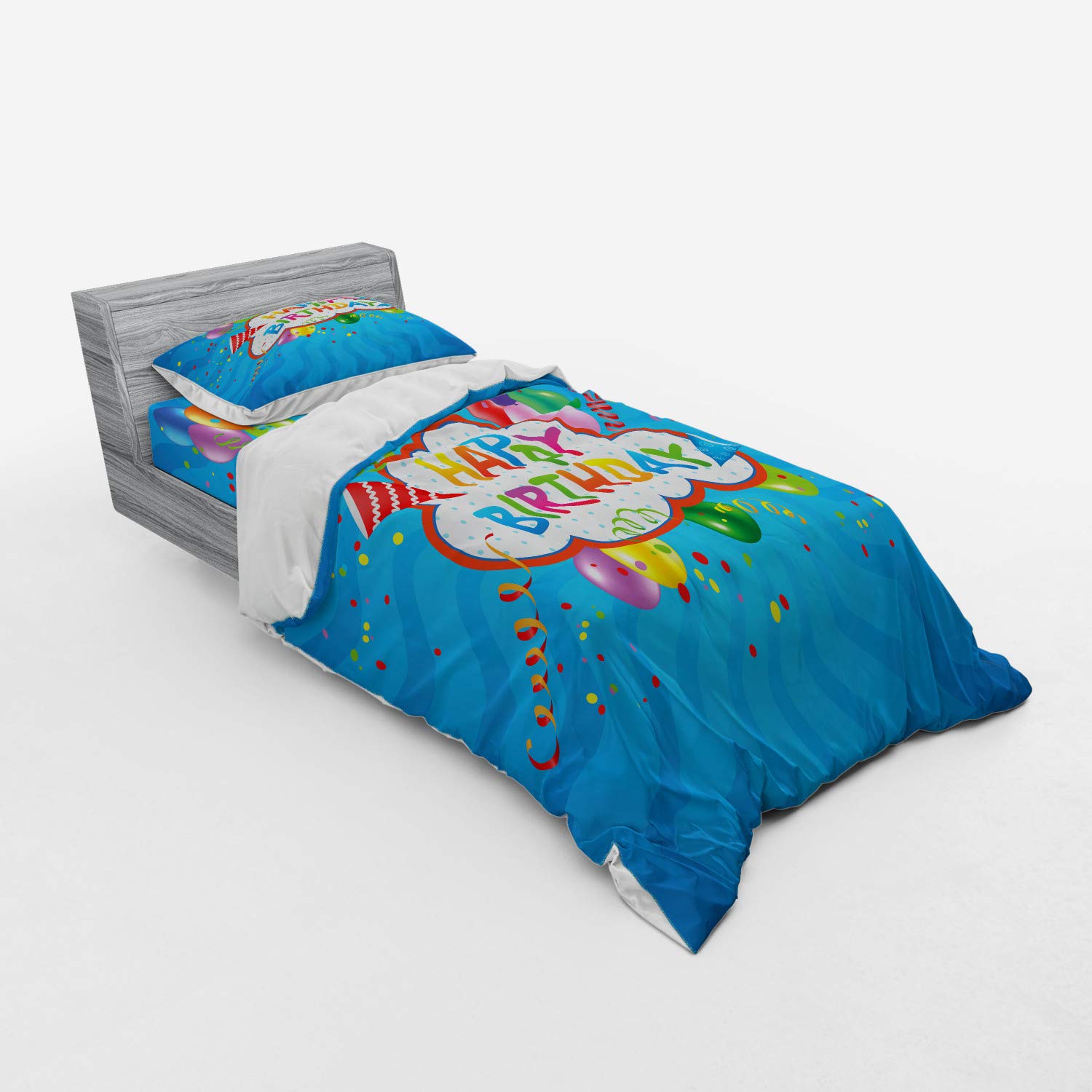 Ambesonne Birthday Duvet Cover Set - Wavy Blue Party Design with Greeting Text & Celebration Hats, 3-Piece Twin XL Bedding Set with Sham & Fitted Sheet, Perfect for Birthday Parties & Guest Room Decor