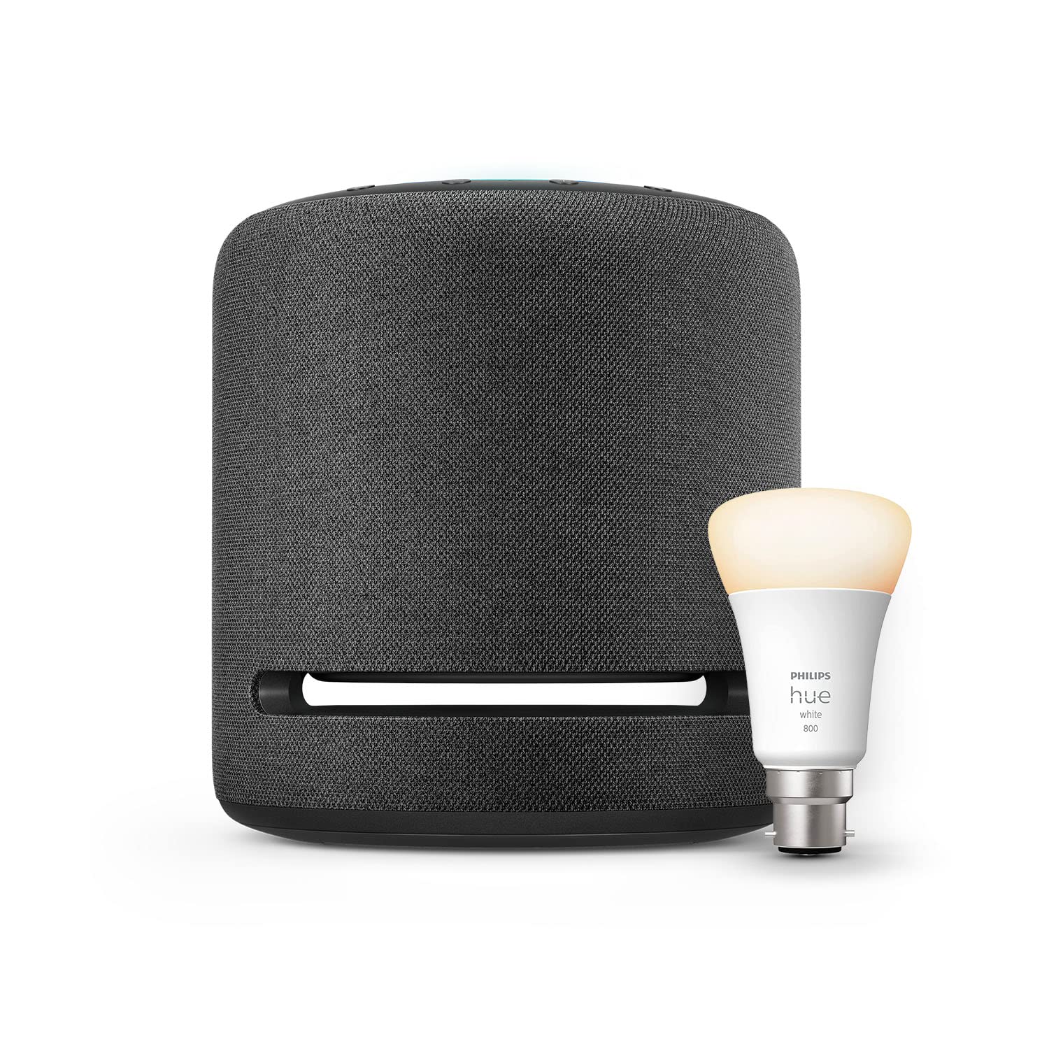 Echo Studio Smart Speaker with Premium Sound & Philips Hue White Smart LED Bulb (B22) - Alexa Compatible Smart Home Starter Kit for Music, Lighting Control & Voice Commands