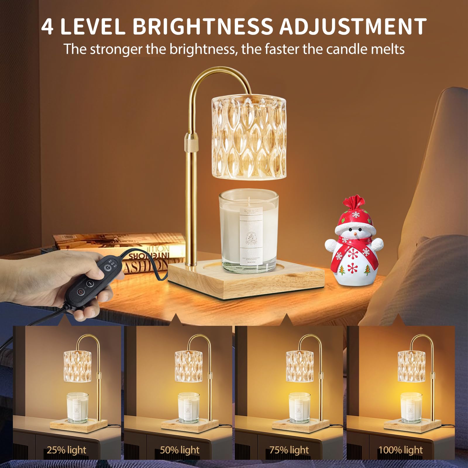 Adjustable Height Candle Warmer Lamp with Timer & Dimmable Function - Wooden Base Wax Melter for Jar Candles & Wax Melts - Includes 2 Bulbs - Perfect for Home Decor, Aromatherapy & Cozy Ambiance