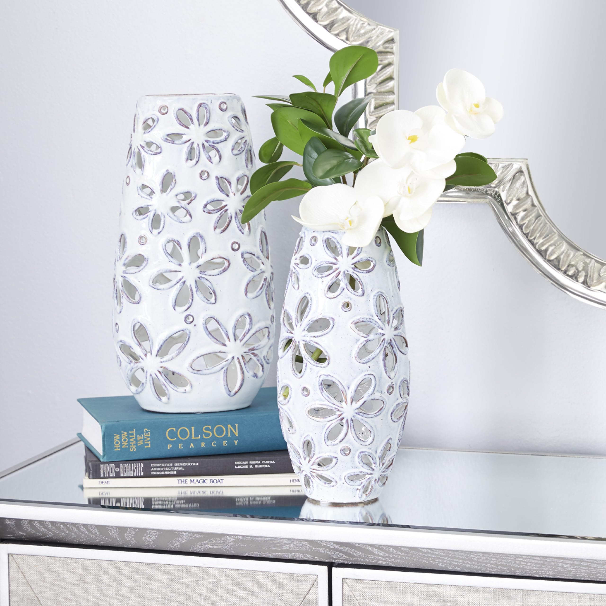 Deco 79 Handmade Ceramic Floral Vase Set of 2 - White Daisy Cut Out Centerpiece for Home Decor, 14