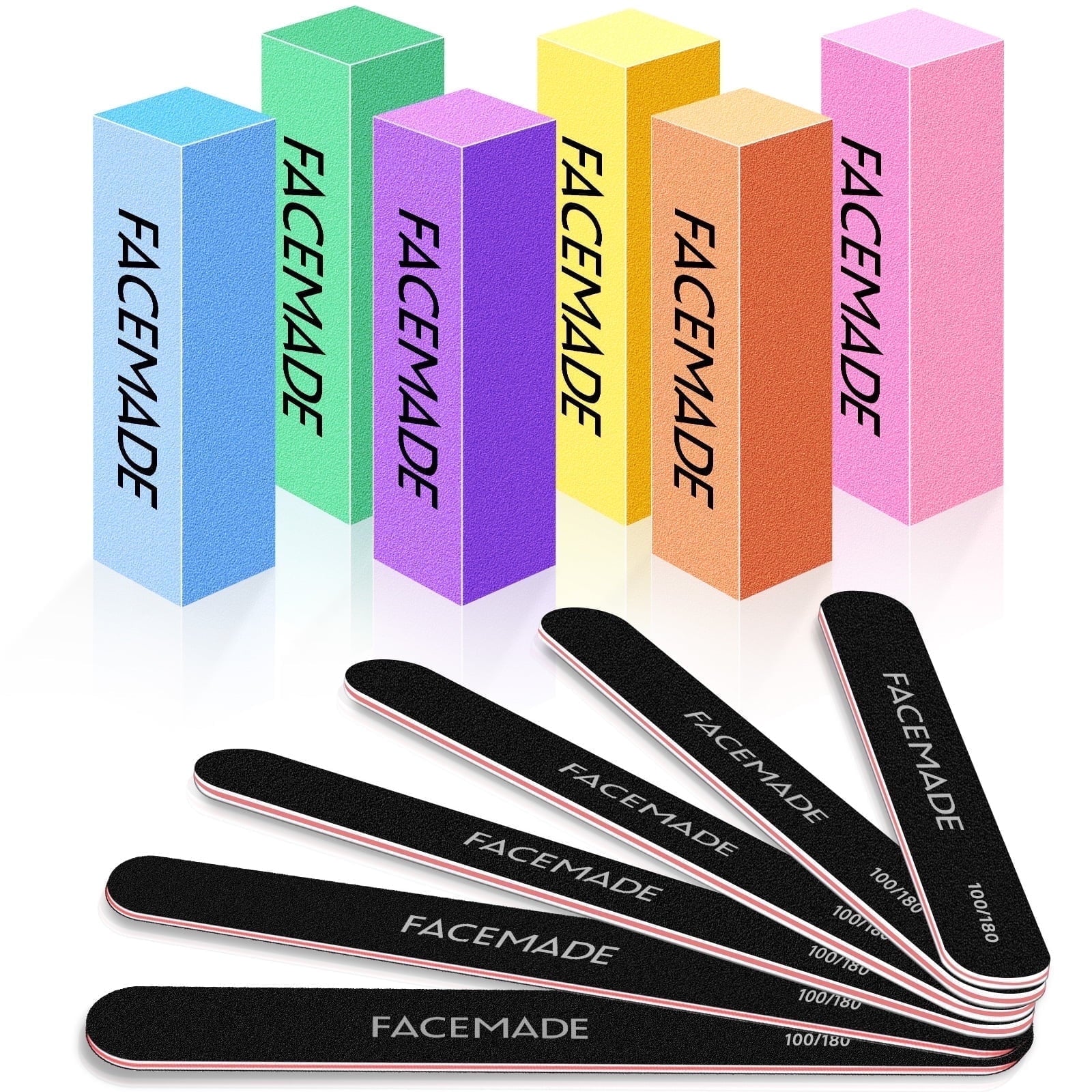 Professional 12-Piece Manicure Kit - FACEMADE Nail Files & Buffers with 100/180 Grit for Smooth Nails | Colorful Nail Care Tools for Home & Salon Use