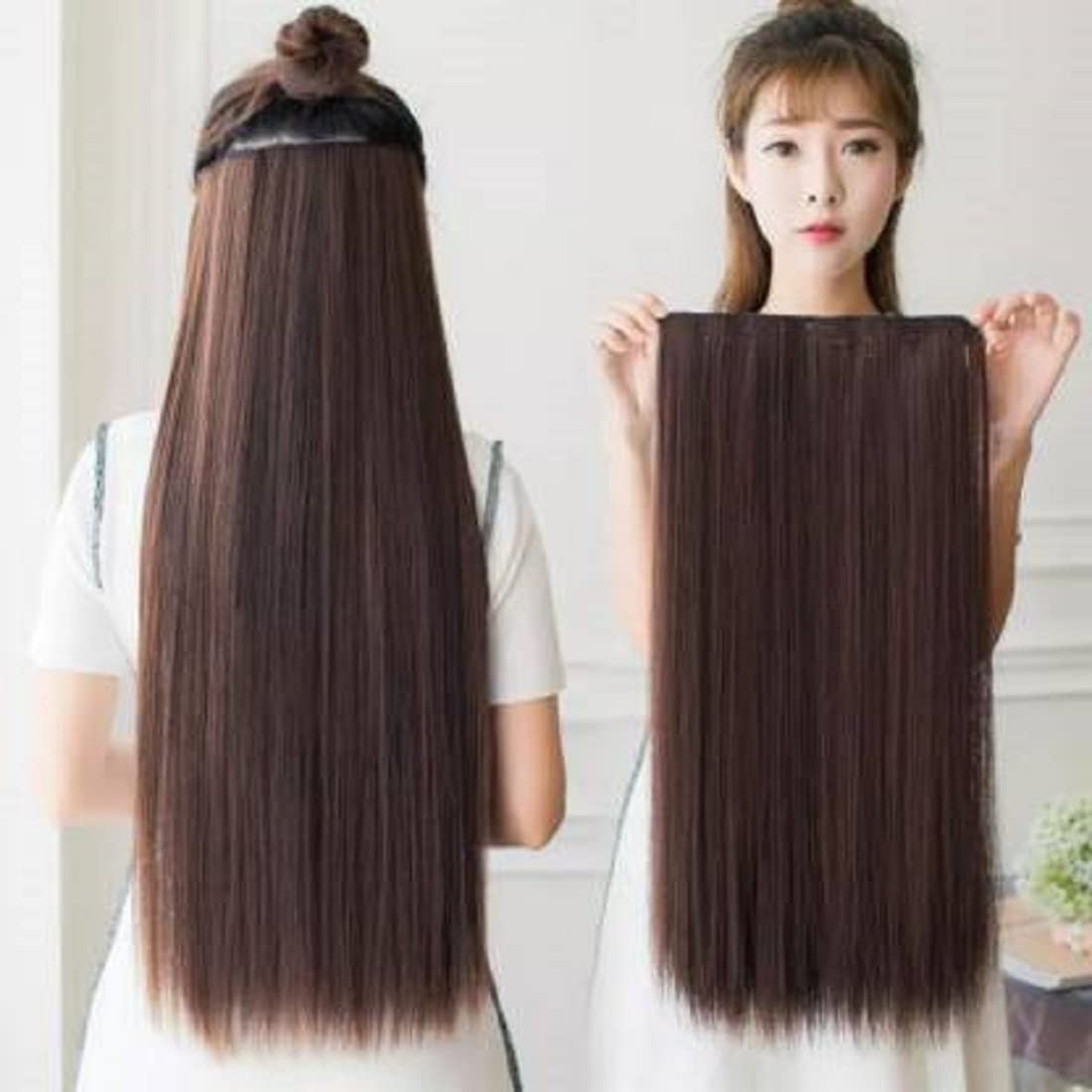 24 Inch Straight Synthetic Hair Extensions for Women - 5 Clip Brown Long Soft Hair Weft (Brown 3) | Perfect for Daily Styling, Cosplay & Special Occasions