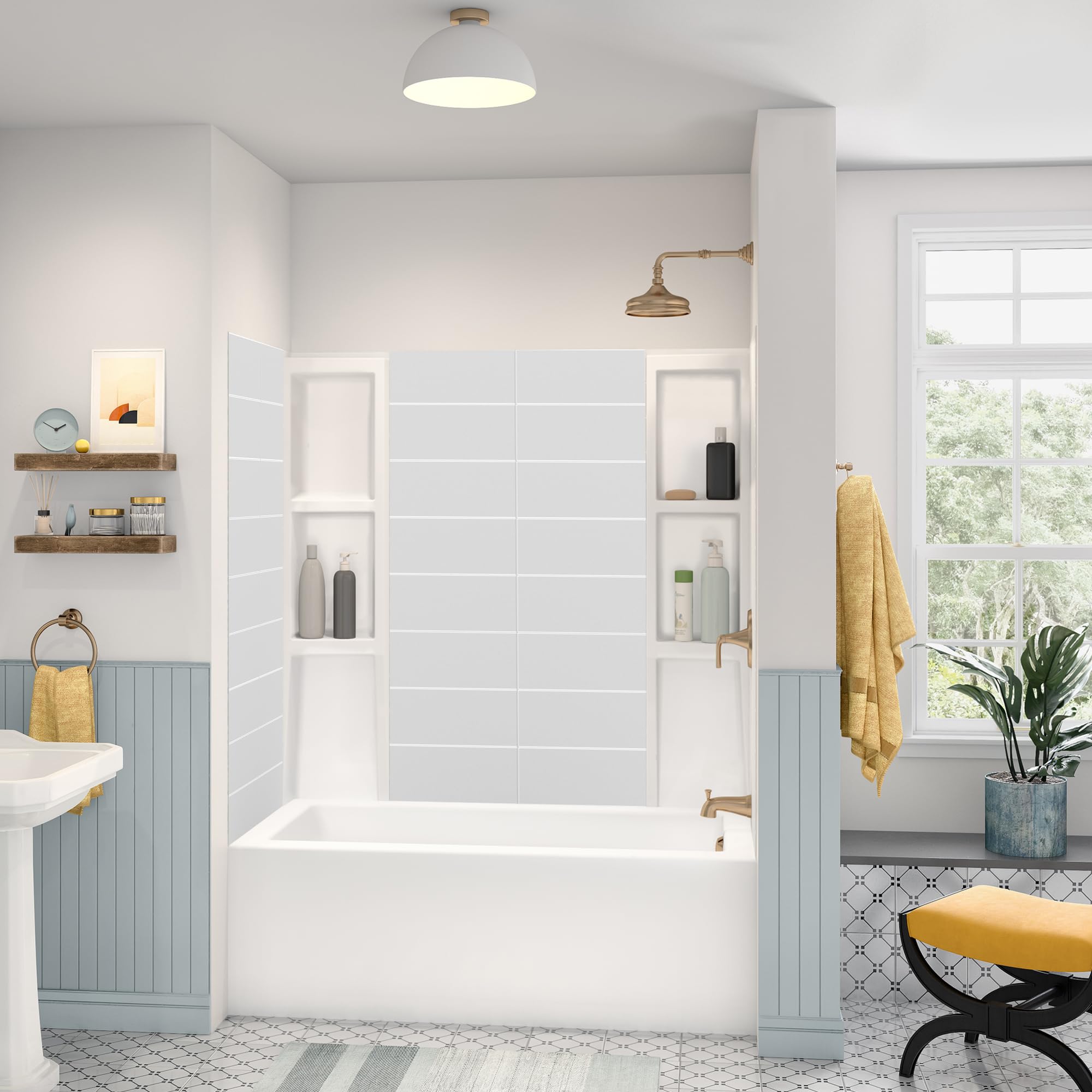 White Acrylic Bathtub Wall Surround Panels - Waterproof, Easy-to-Install Kit with 2 Shelf Units (Stacked Tiles Pattern, Classic Shelves) 58