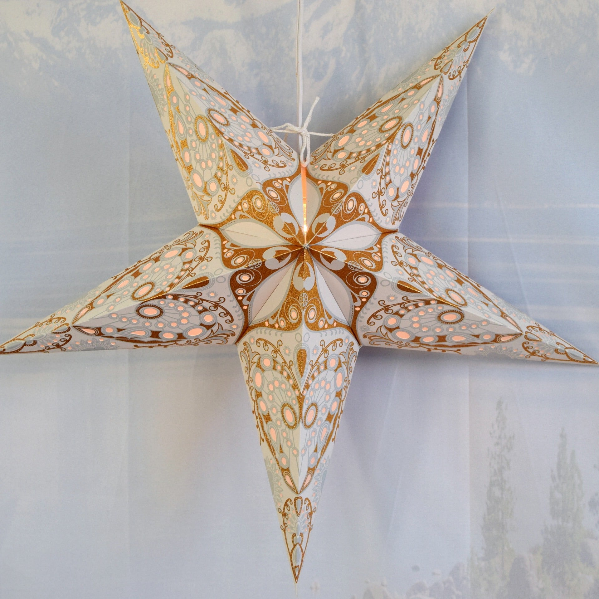 24 Inch Grey Gold Moon Burst Paper Star Lantern with Pendant Light - Decorative Hanging Light for Bedroom, Living Room, Wedding & Party Decor