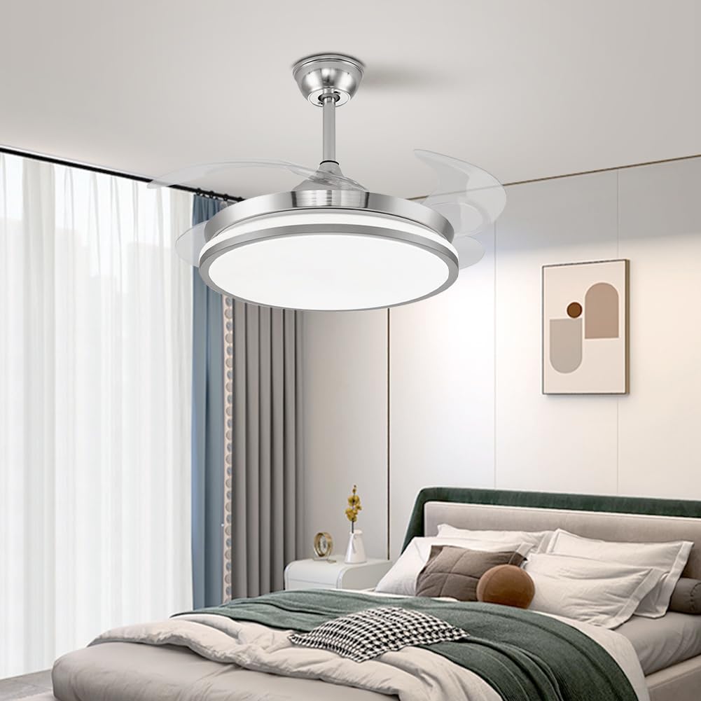 42 Inch Retractable Blade Ceiling Fan with Remote Control & LED Light - Silent Motor, Modern Chandelier Fan for Bedroom, Living Room, and Dining Room