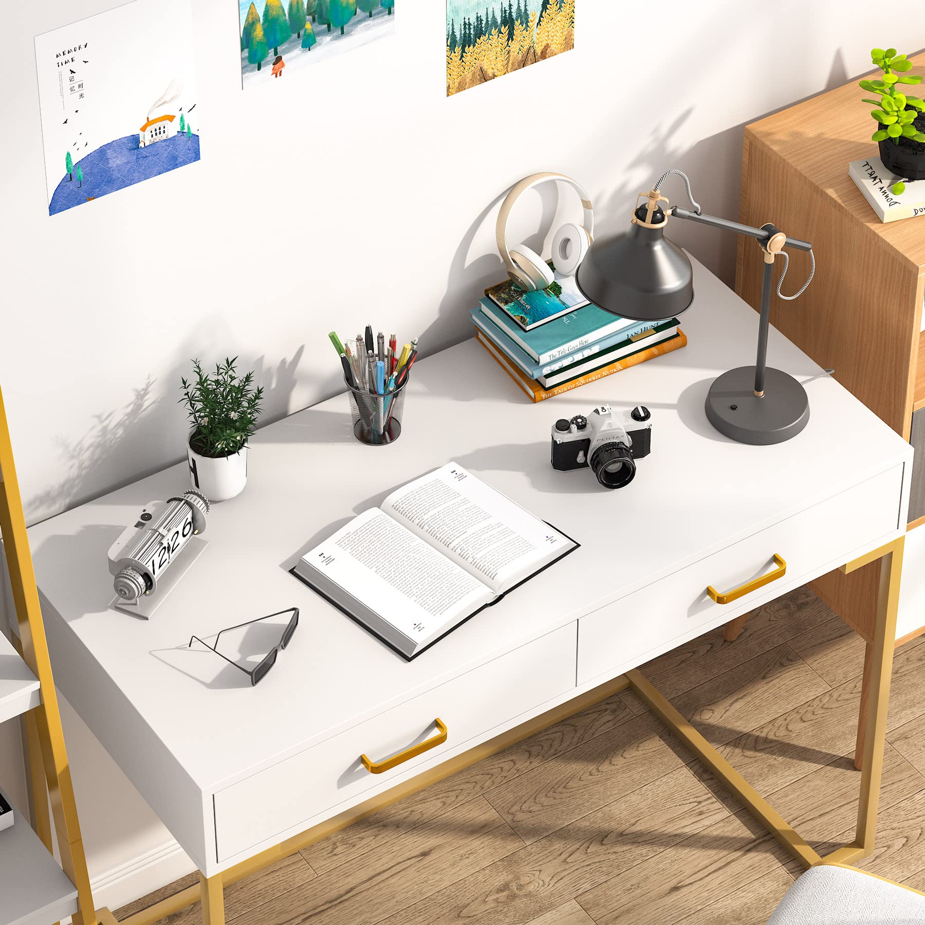 Tribesigns Modern White and Gold Computer Desk with 2 Drawers - Wood Top & Metal Frame, Home Office Writing Desk for Small Spaces, Bedroom or Study - Perfect for Remote Work, Online Classes & Gaming Setup