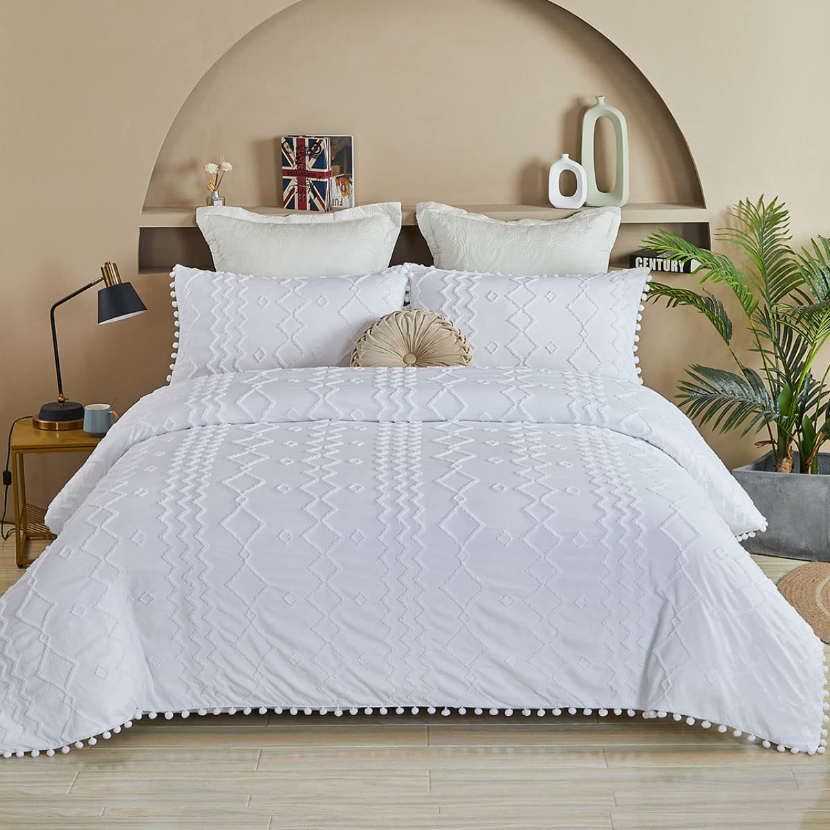 Boho Duvet Cover Queen Size - 3 Piece Cotton Farmhouse Bedding Set with White Pom Pom Trim | Reversible Soft Zipper Closure | Shabby Chic Home Decor for All Seasons | Perfect for Guest Rooms, Master Bedrooms & Cozy Boho Aesthetic