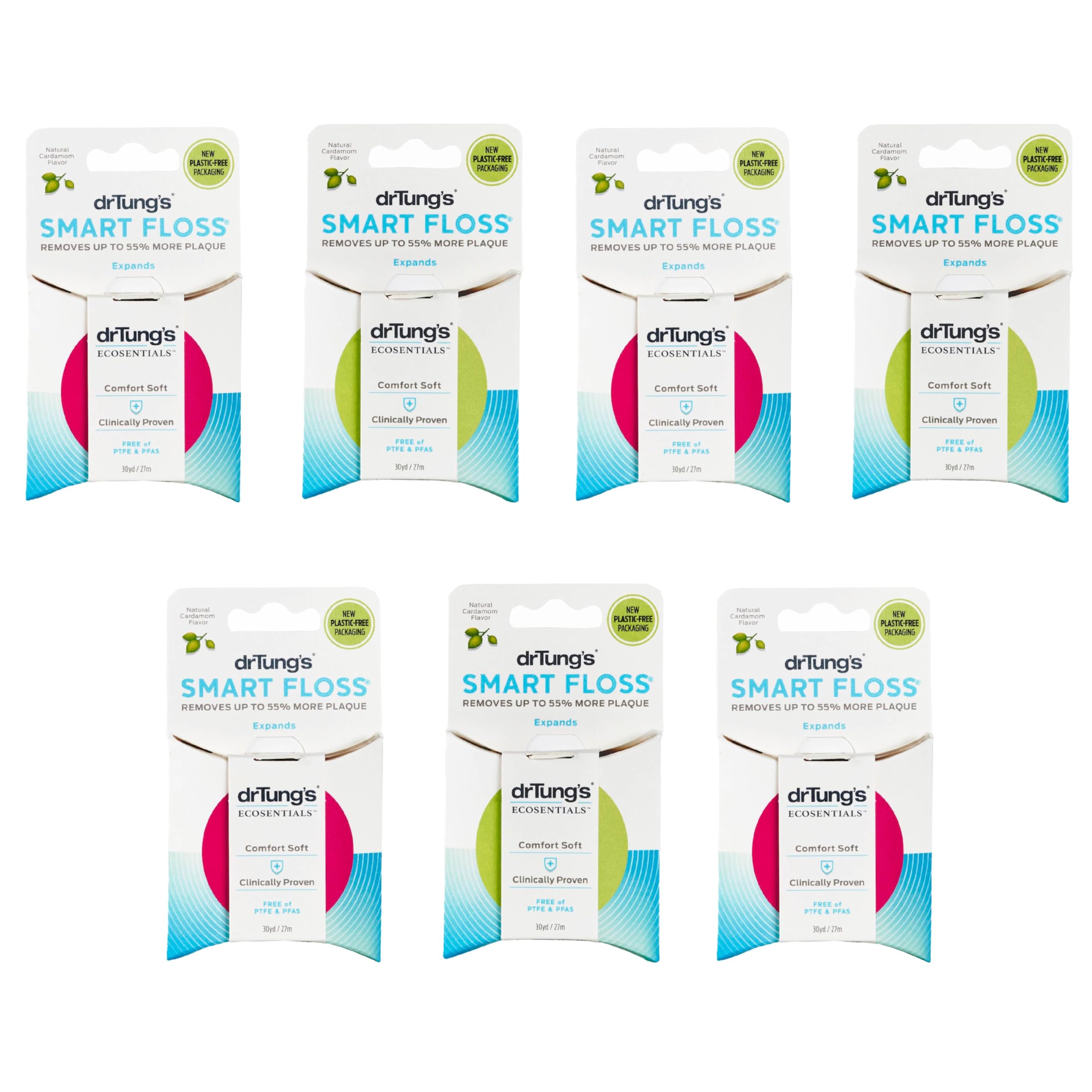 DrTung's Smart Floss - Natural Expanding Dental Floss, PTFE & PFAS Free, Gentle on Gums, BPA Free, Cardamom Flavor (Pack of 7) - Perfect for Travel, Home & Office Oral Care