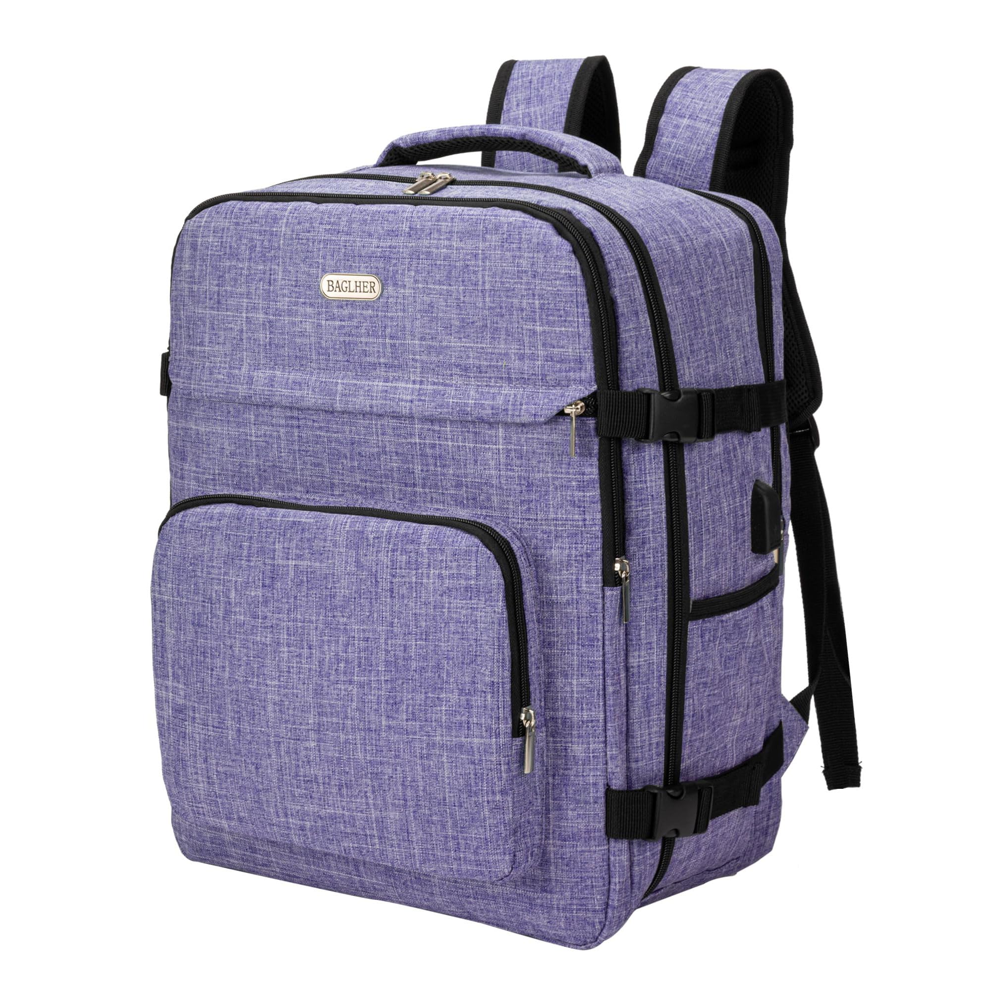 BAGLHER Travel Backpack for Airplane Carry-On - Flight Approved with USB Charging Port & Laptop/Shoe Compartment - Lightweight Business Backpack for Work, College, Business Trips (Purple) - Perfect for Commuting, Weekend Getaways & International Travel