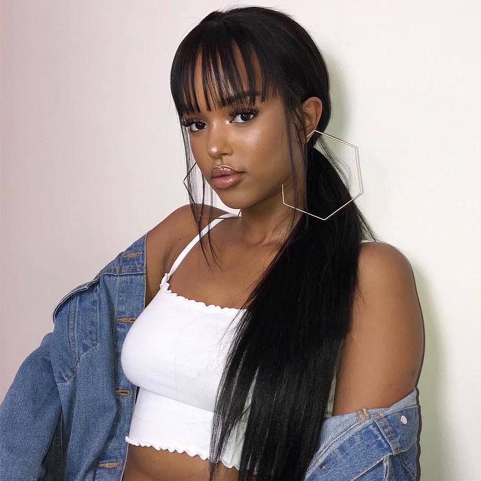 360 Lace Front Human Hair Wigs Pre Plucked Bleached Knots - Light Yaki Straight 16 Inch Glueless Lace Wig with Bangs 150% Density for Black Women | Natural Color | Perfect for Daily Wear, Parties & Special Occasions