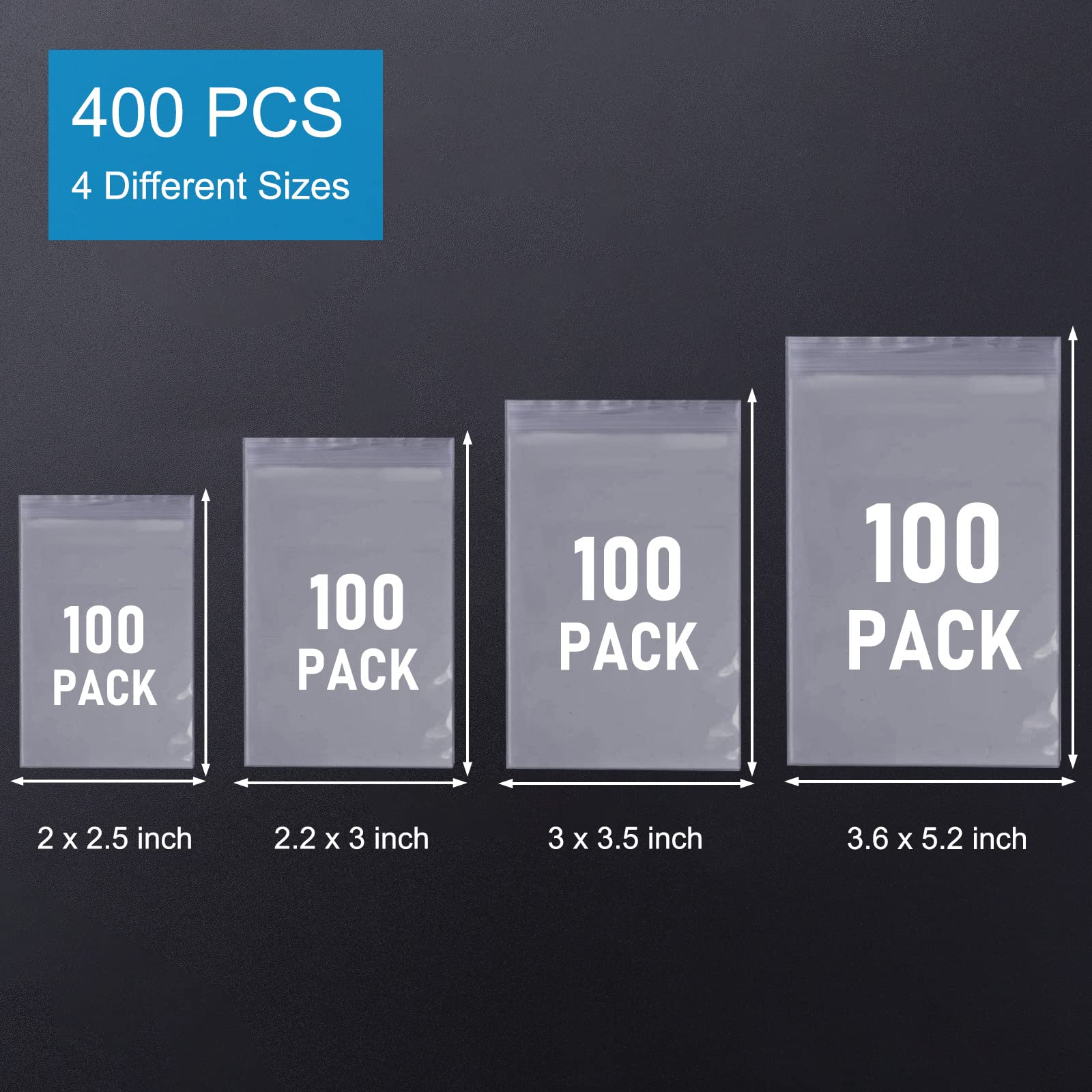 400 PCS Small Plastic Bags - 4 Sizes Resealable Mini Poly Bags for Jewelry, Pills, Beads & Screws - Clear Storage Baggies for Organizing, Packaging & DIY Crafts