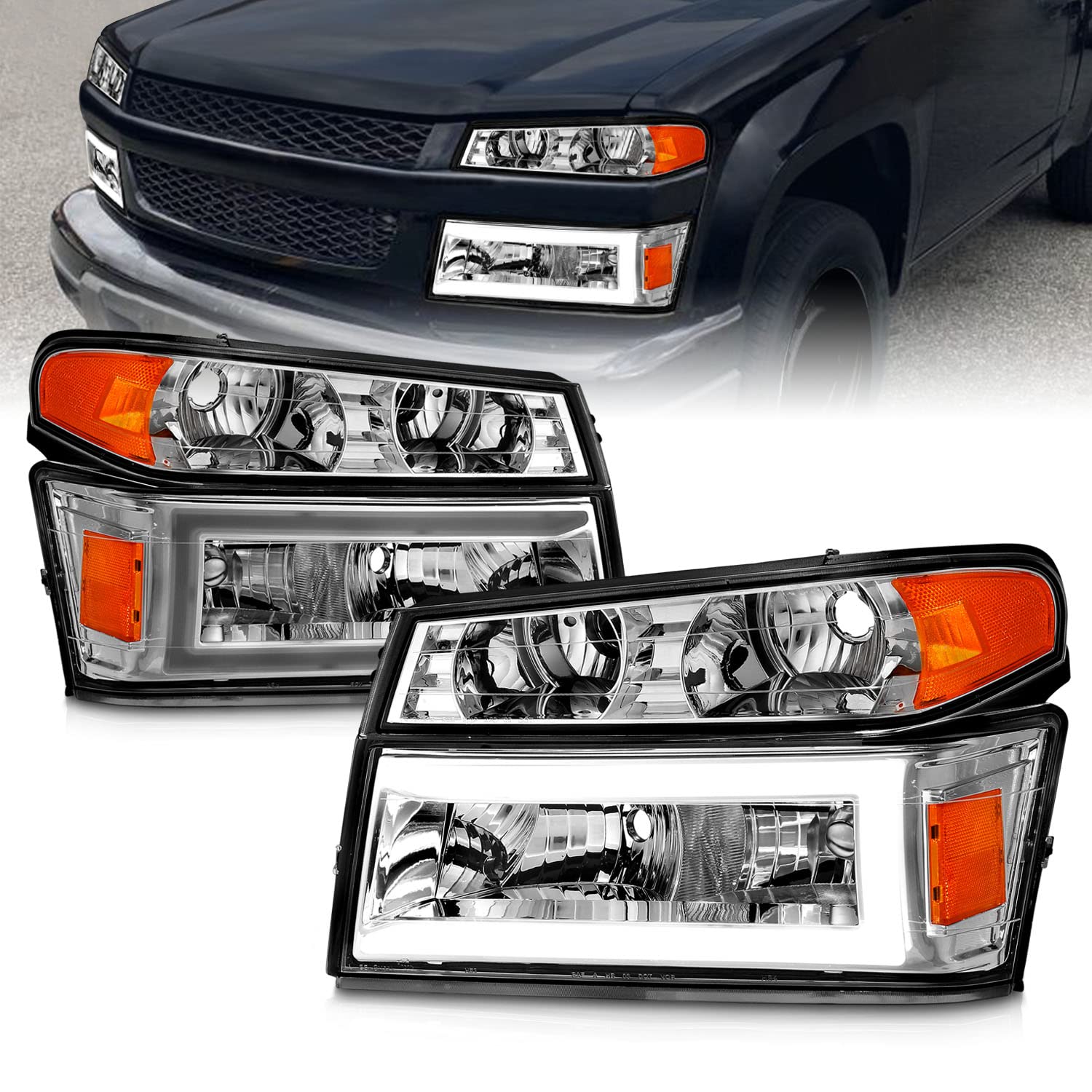 AmeriLite LED Headlights for 2004-2012 Chevy Colorado & GMC Canyon - C-Shape LED Tube Replacement Headlights with Running Turn Signal Lamps (4-Piece Set) - Upgrade Your Truck's Style & Night Visibility