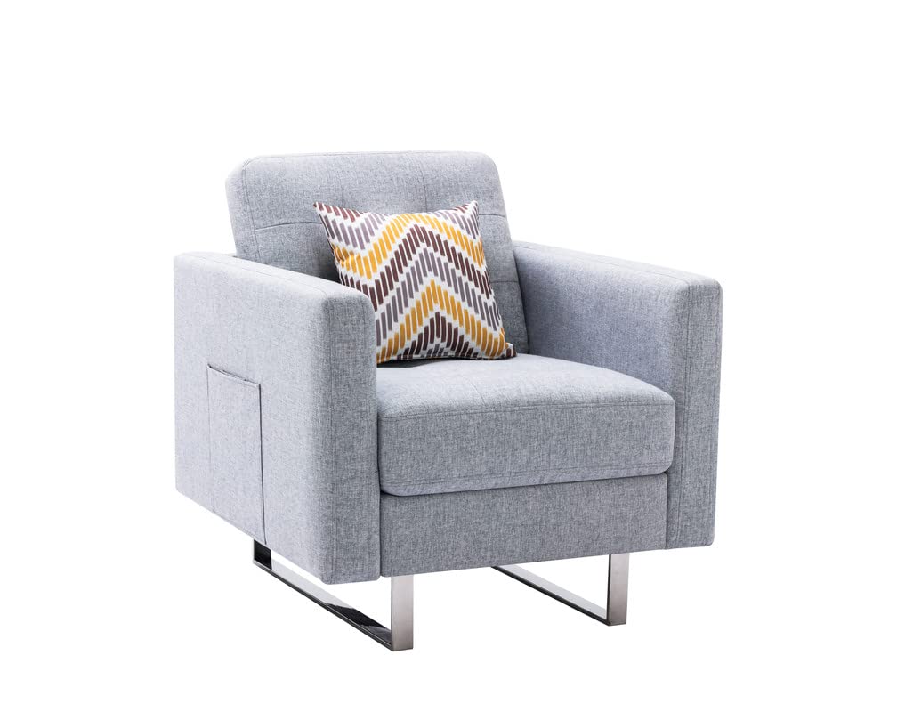 Lilola Home Victoria Light Gray Linen Fabric Armchair with Metal Legs, Side Pockets & Pillow - Modern Living Room Accent Chair for Reading Nook, Bedroom or Office