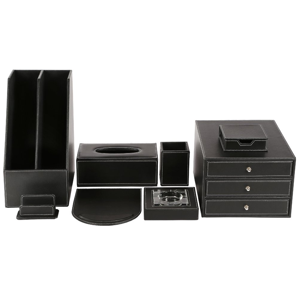 KINGFOM 8-Piece Desk Organizer Set - PU Leather Office & Home Storage Box with File Organizer Drawer, Memo Holder, Tissue Box & Mouse Pad - Black (T03) - Perfect for Workspace, Study & Home Office Organization