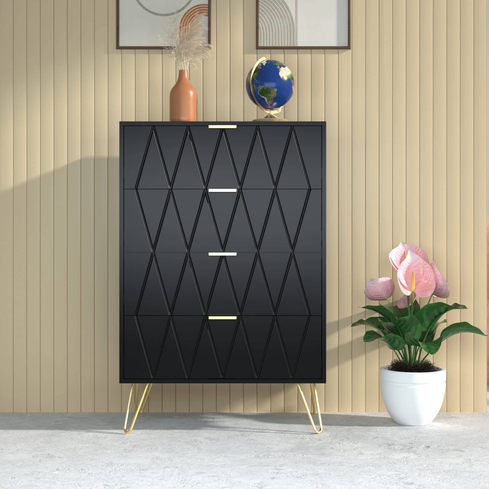 Anbuy 4-Drawer Dresser with Metal Legs - Tall Storage Cabinet Organizer for Bedroom, Living Room & Closet - Modern Chest of Drawers for Clothes, Linens & Home Organization (Black)