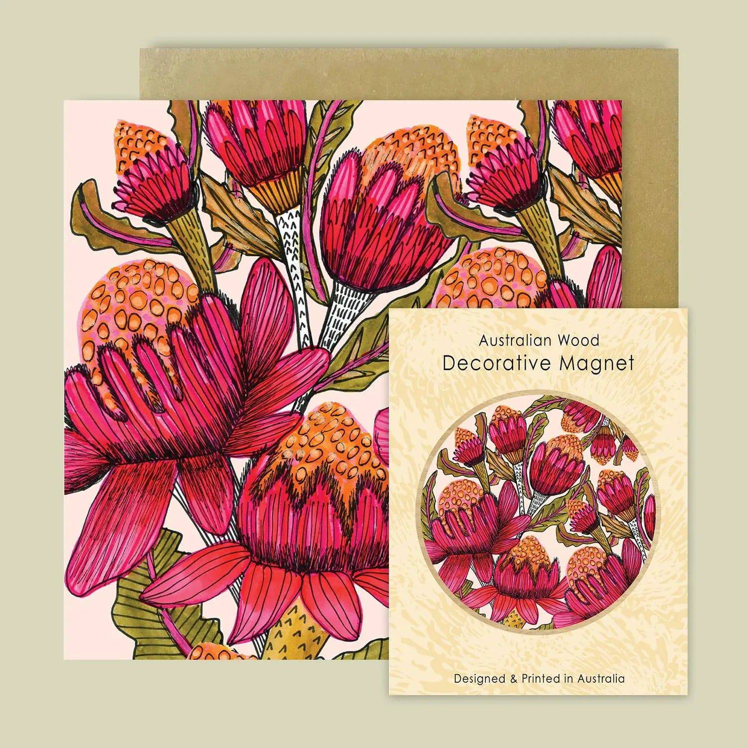 Waratah Flowers Magnetic Gift Set - Elegant Floral Fridge Magnet & Greeting Card Combo for Home Decor, Wedding, Anniversary & Birthday Gifts - Perfect for Kitchen, Office & Gift Giving