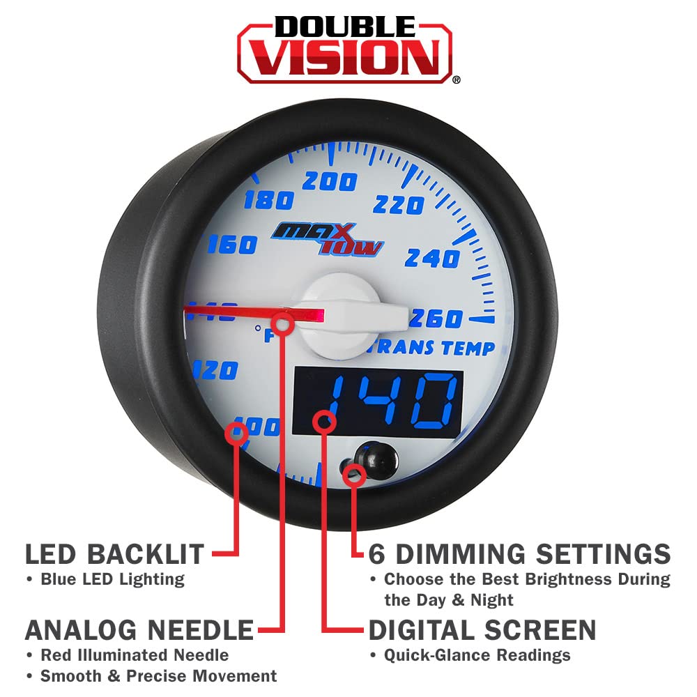 MaxTow Double Vision 260F Transmission Temperature Gauge Kit with Electronic Sensor - White Face & Blue LED Backlight - 2-1/16
