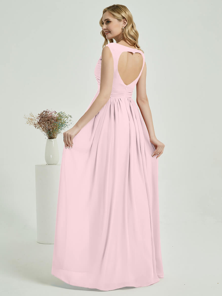Elegant Blush Sweetheart Strap Backless Chiffon Floor Length Bridesmaid Dress for Wedding, Formal Events & Special Occasions