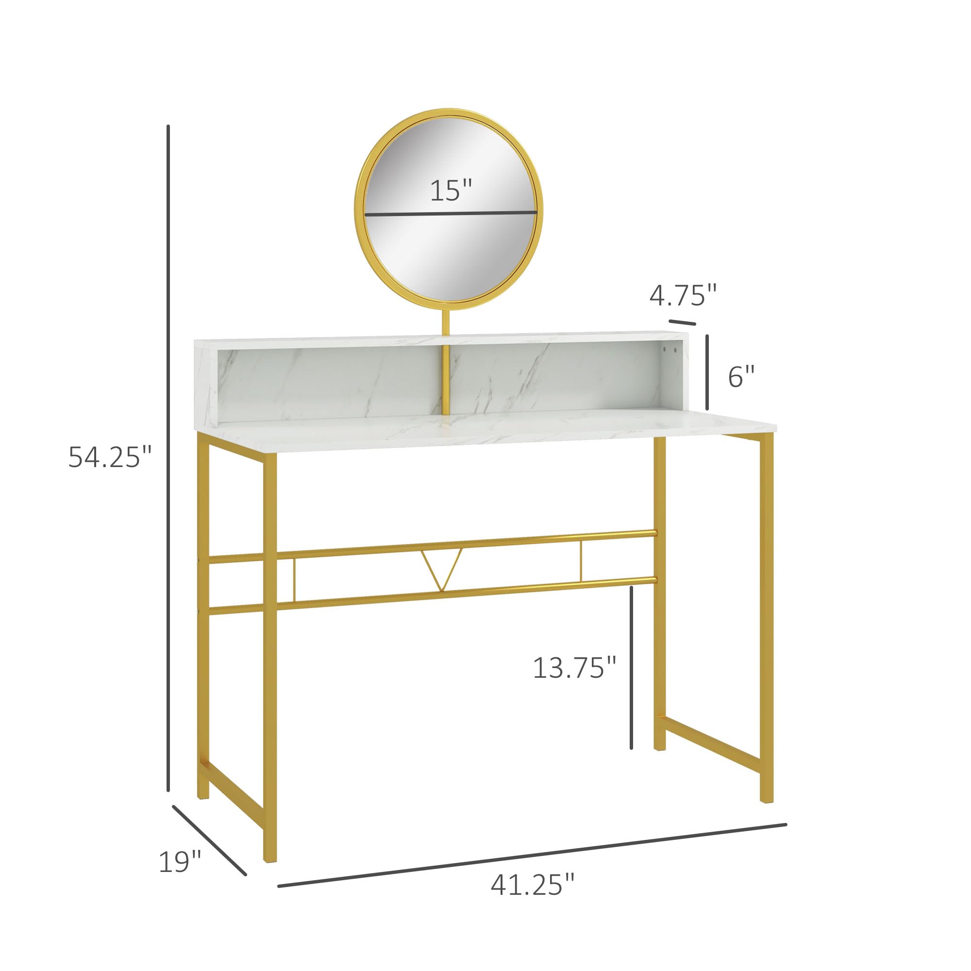 Modern Vanity Makeup Desk with Mirror - White & Gold Dressing Table with Open Storage, Faux Marble Finish & Steel Frame for Bedroom | Perfect for Makeup Organization, Beauty Routine & Small Space Decor
