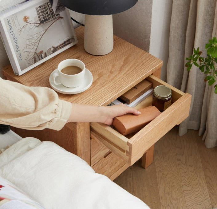 Solid Oak Wood Nightstand with 3 Drawers - Bedside Table for Bedroom, Living Room, or Office Storage