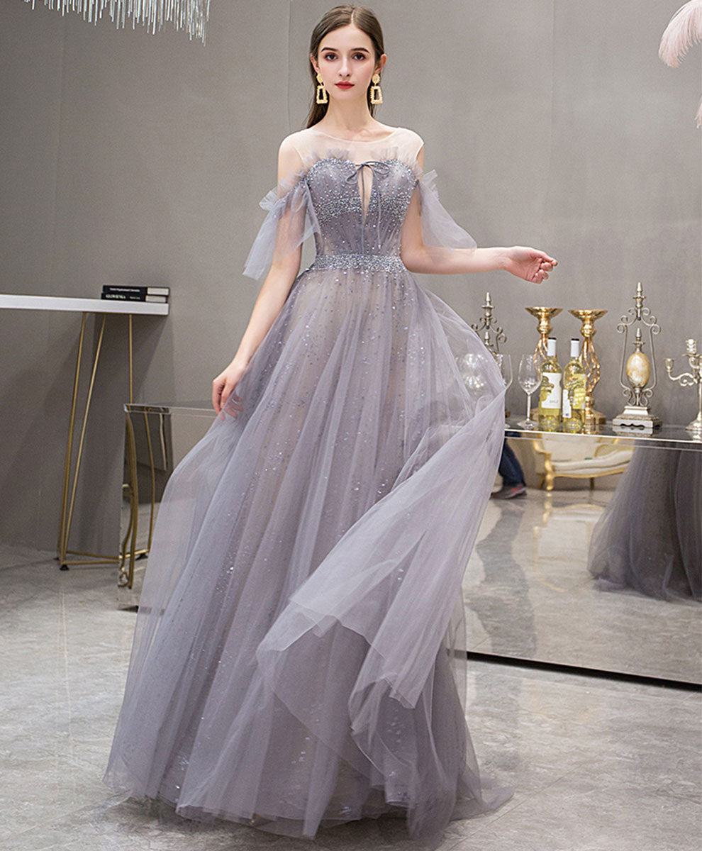 Elegant Blue Round Neck Tulle Sequin Long Prom Dress for Women - Formal Evening Gown for Homecoming, Ball, and Special Occasions