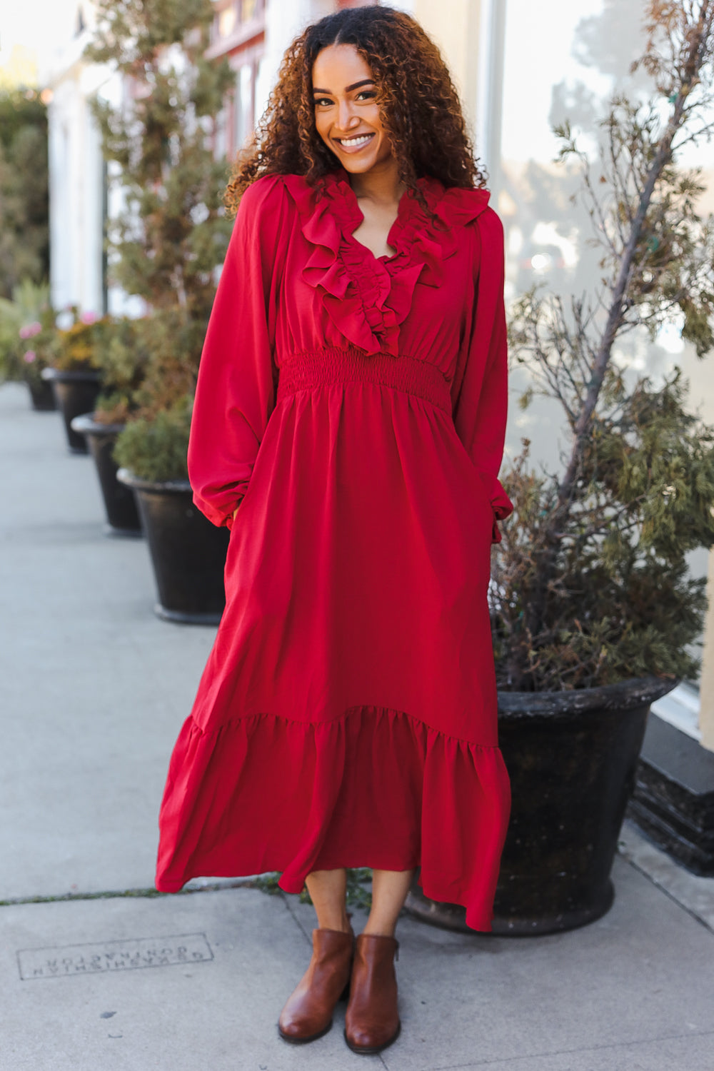Elegant Holiday Red Overlap Ruffle V-Neck Midi Dress for Women | Christmas Party, Cocktail Event & Special Occasion Outfit