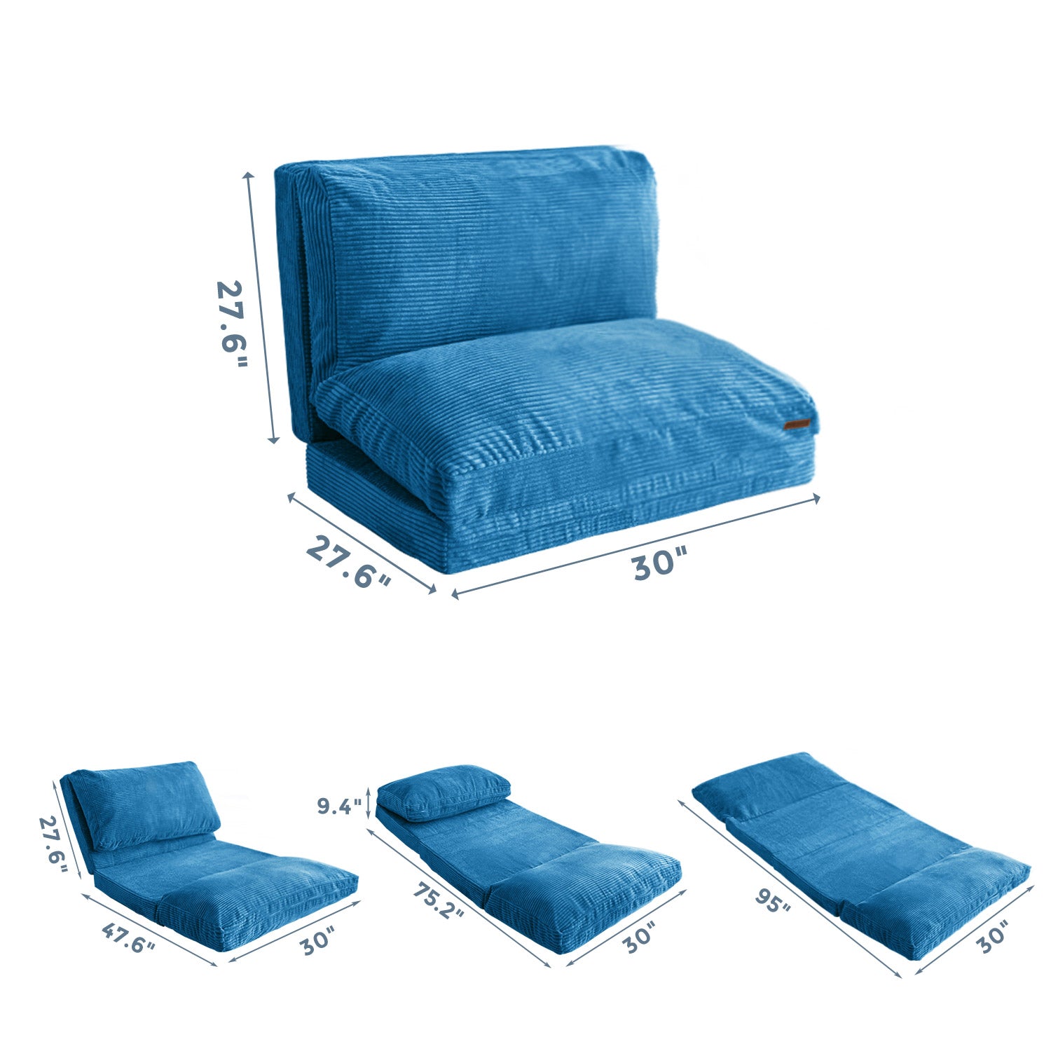 MAXYOYO Corduroy Bean Bag Folding Sofa Bed - Washable Blue Floor Sofa for Living Room, Bedroom & Dorm | Portable Lounge Chair for Relaxing, Reading & Gaming