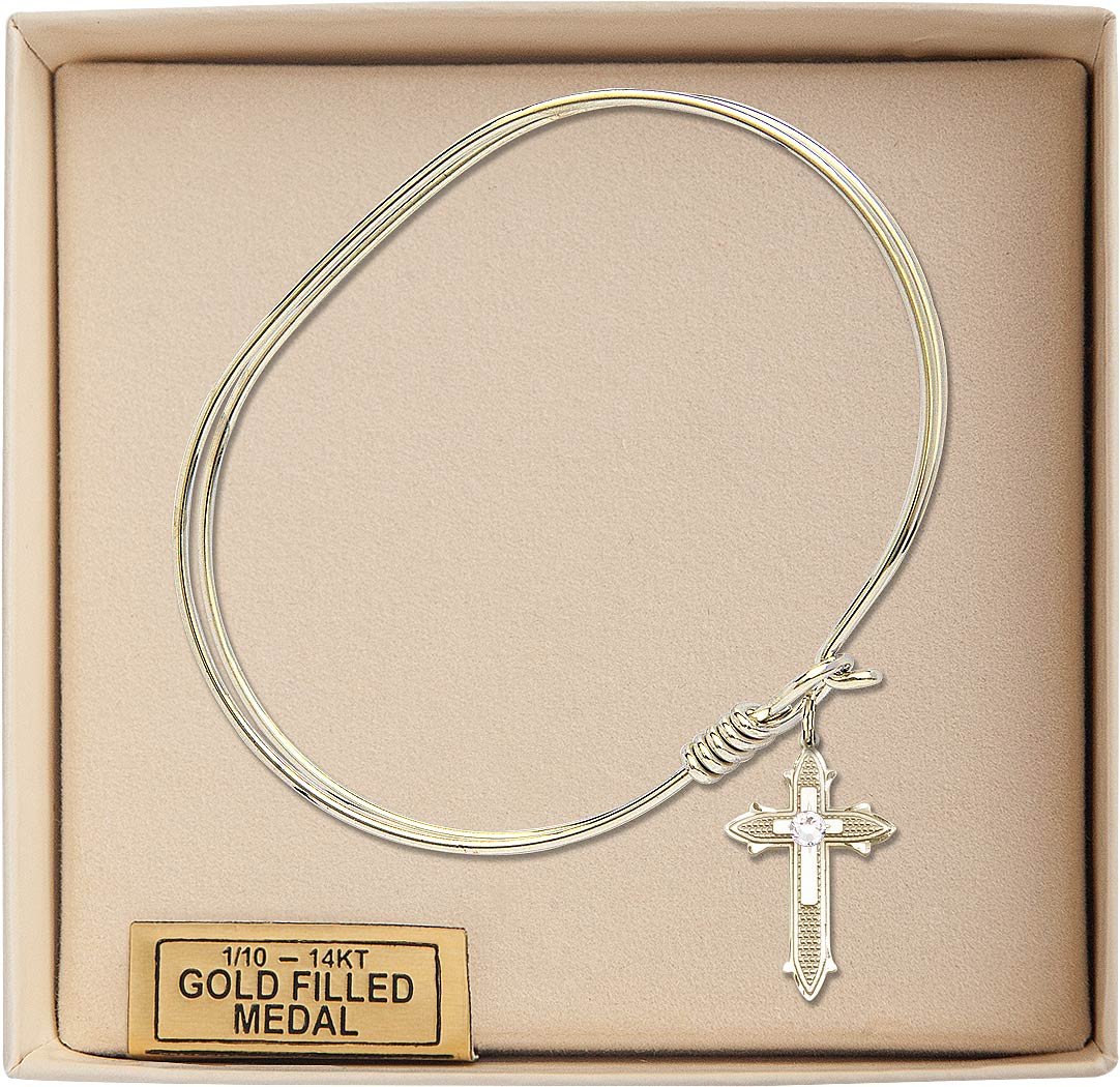 7 Inch Oval Eye Hook Bangle Bracelet with Cross Charm & April Birthstone Crystal - Elegant Religious Jewelry for Women, Perfect for Church, Weddings & Everyday Wear
