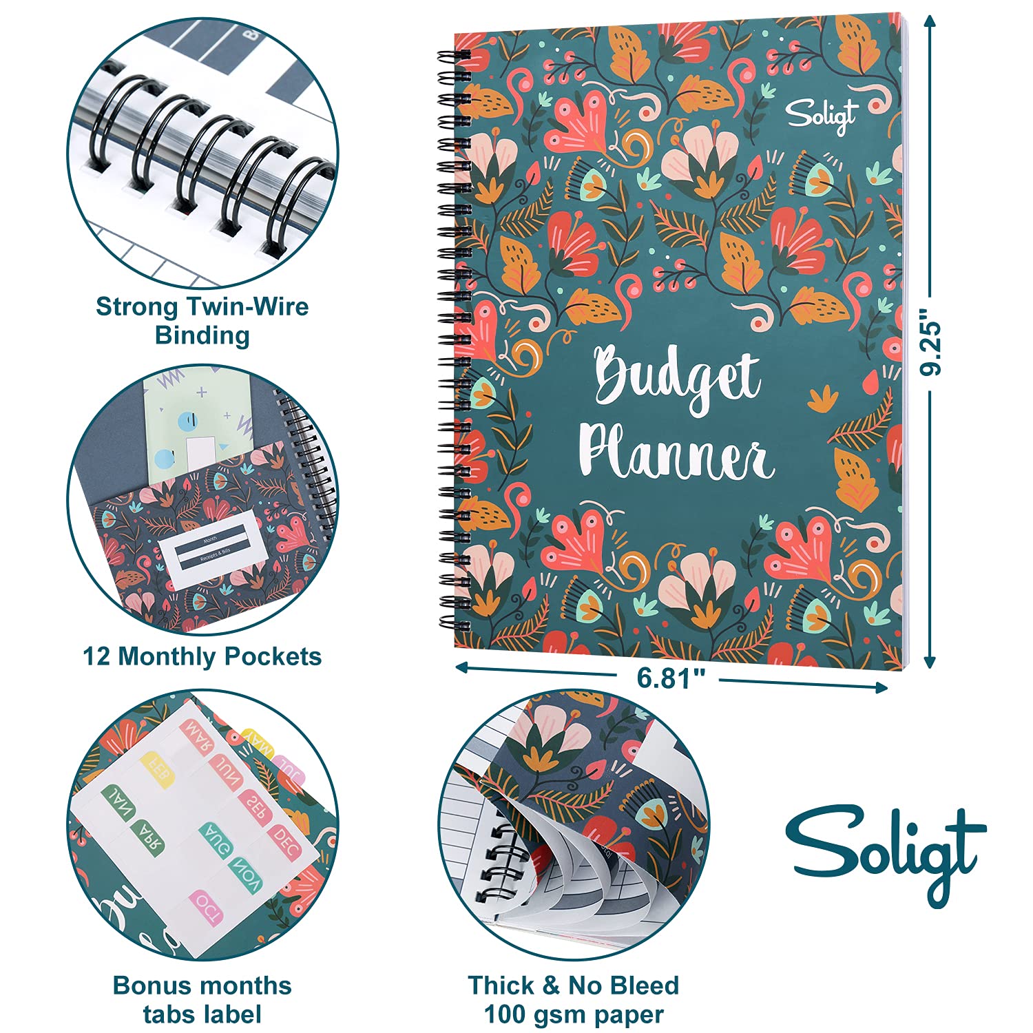 2025 Budget Planner with 12 Pockets - Monthly Financial Organizer, Undated Money Expense Tracker & Debt Saving Notebook (Blue Floral Spiral Design) - Perfect for Home Budgeting, Bill Management & Personal Finance Planning