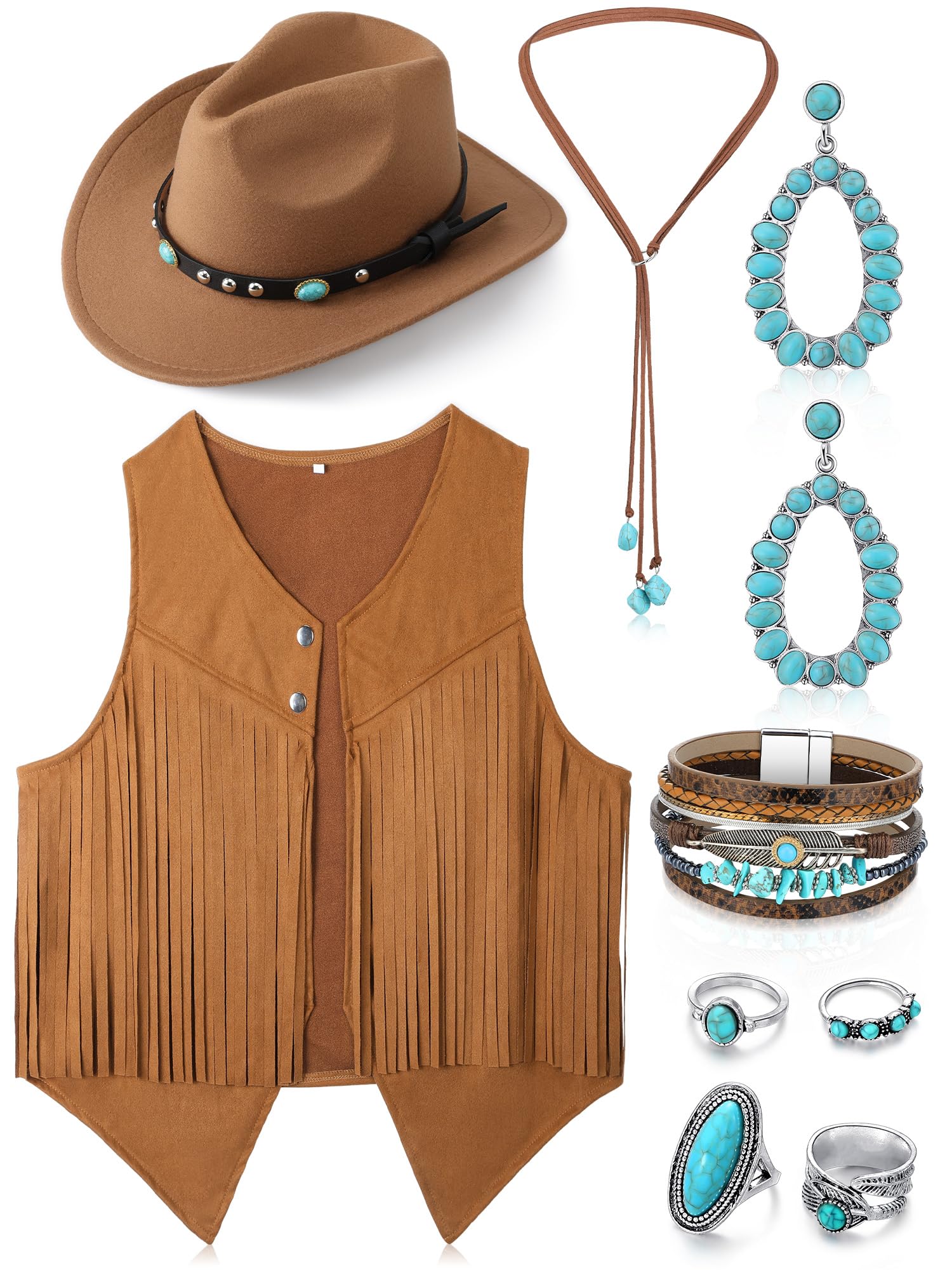 9 Pack Western Outfits for Women - Cowgirl Vest, Boho Cowboy Hat & Jewelry Set | Halloween Costume, Cowgirl Cosplay, Rodeo Party Outfit