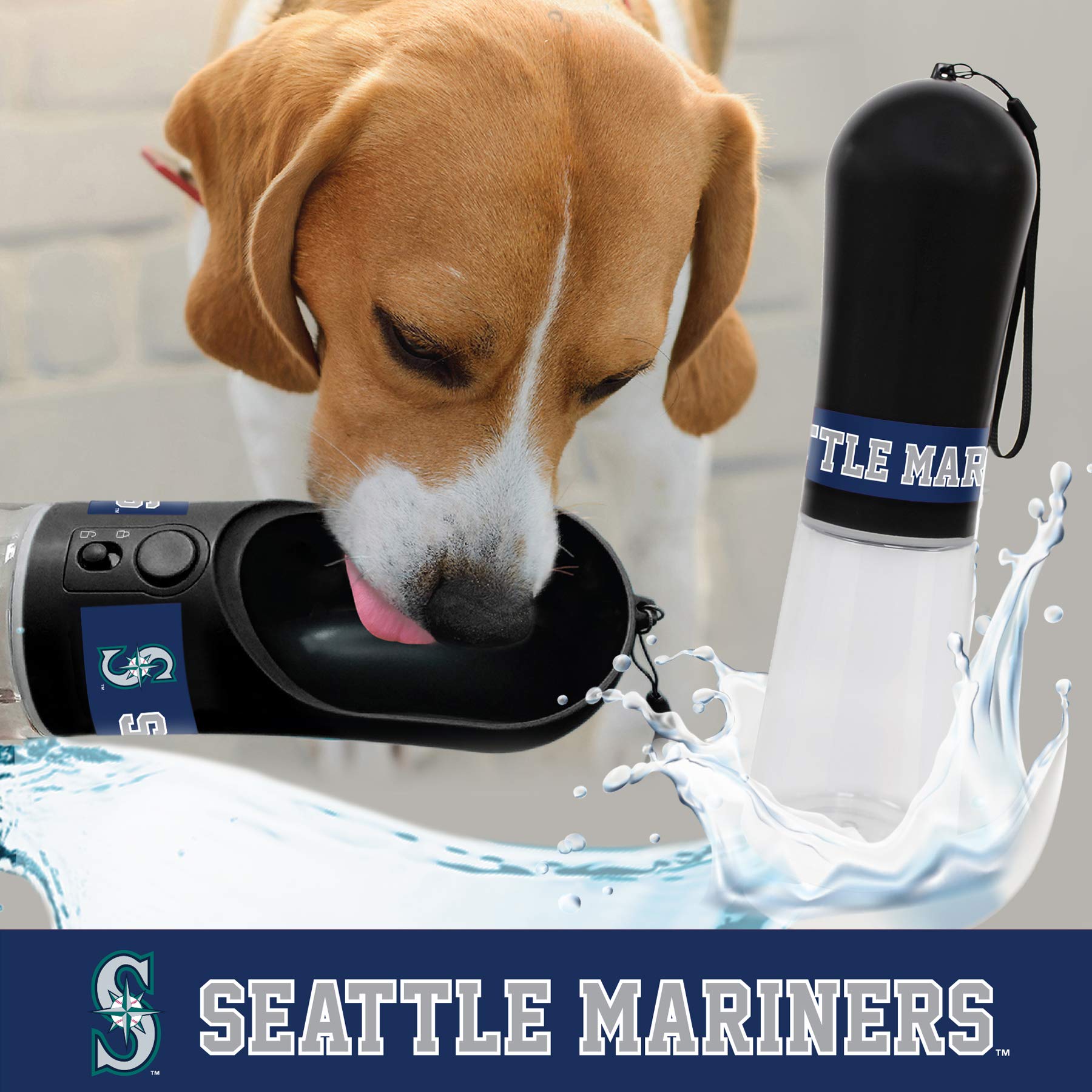 MLB Seattle Mariners Baseball Pet Water Bottle - 13.5oz Portable Dog & Cat Water Dispenser with 2 Carbon Filters | Leak-Proof Travel Water Bottle for Pets | Perfect for Outdoor Adventures, Hiking, and Road Trips