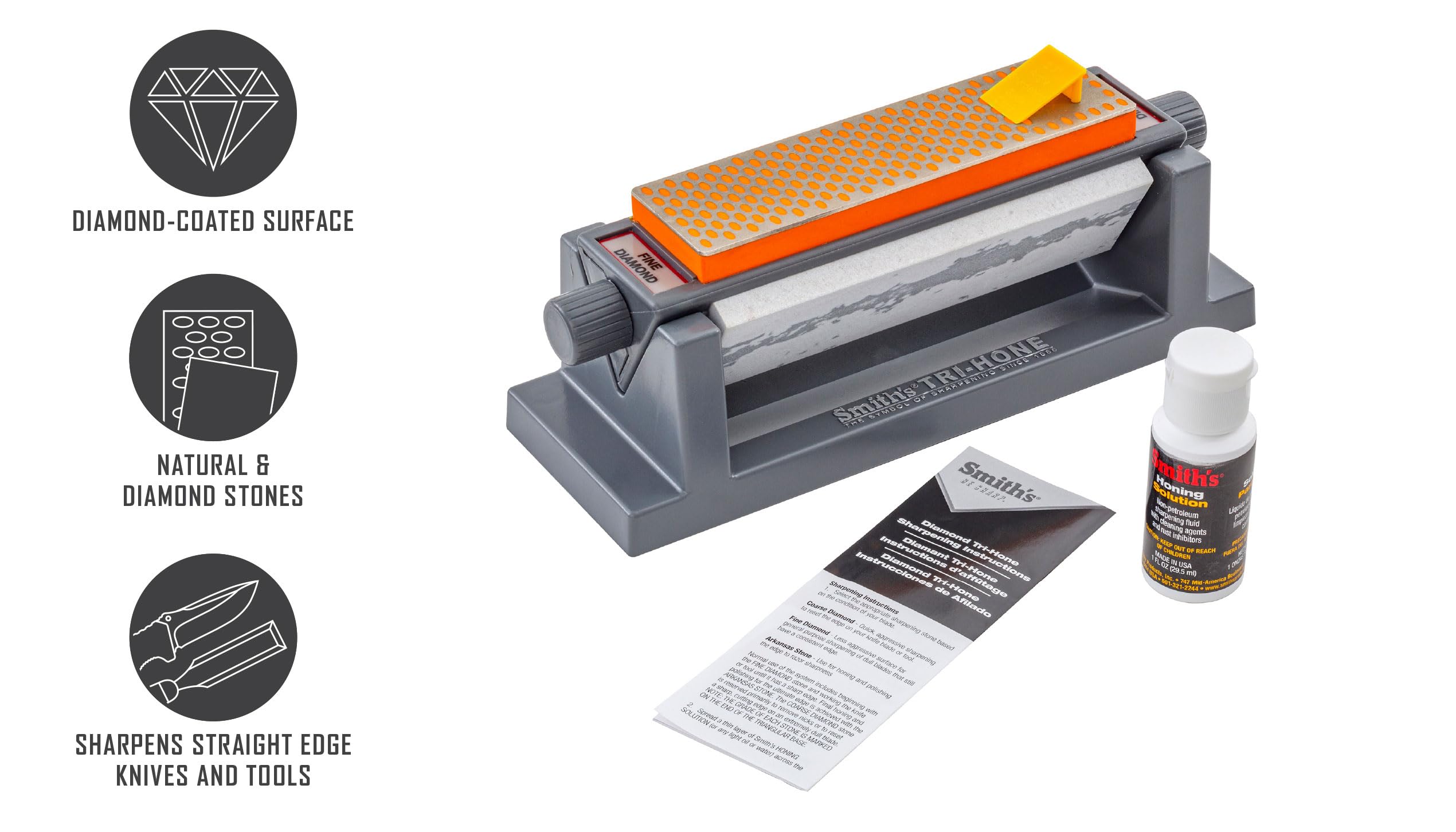 Smith's 50448 6-Inch Diamond Tri-Hone Sharpening Stone System – Grey – Fine, Medium & Coarse Grit Stones – 3-Way Knife Sharpener with Non-Slip Rubber Base – Perfect for Kitchen Knives, Hunting Tools, Fishing Gear & Pocket Knives – Ideal for Home, Camping & Outdoor Use