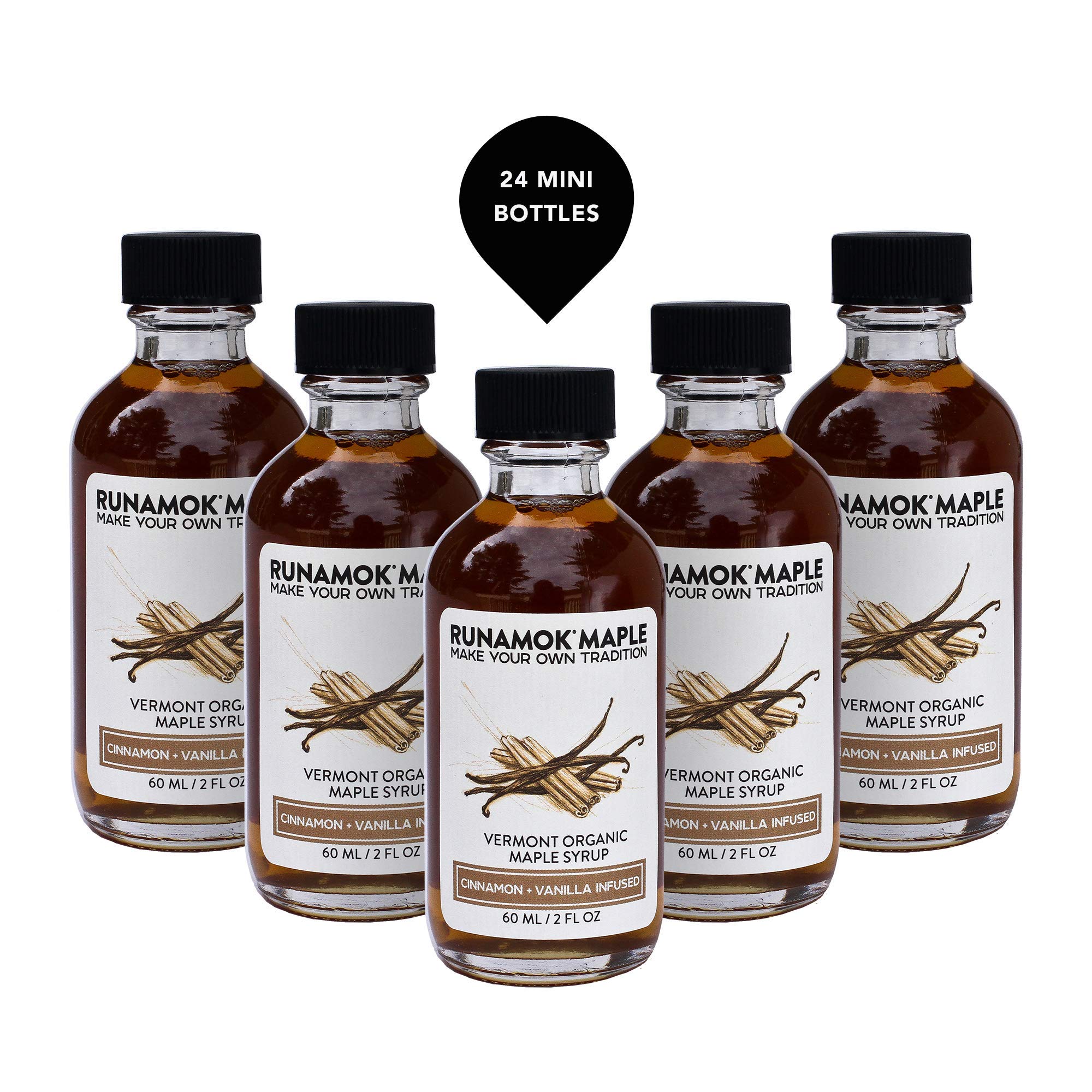 Premium Cinnamon Vanilla Infused Maple Syrup Mini Bottles - 24 Pack (2 Fl Oz/60ml Each) | Real Maple Syrup Samplers | Perfect for Wedding Favors, Stocking Stuffers & Breakfast Gifts | Gourmet Pancake, Waffle & Dessert Topping