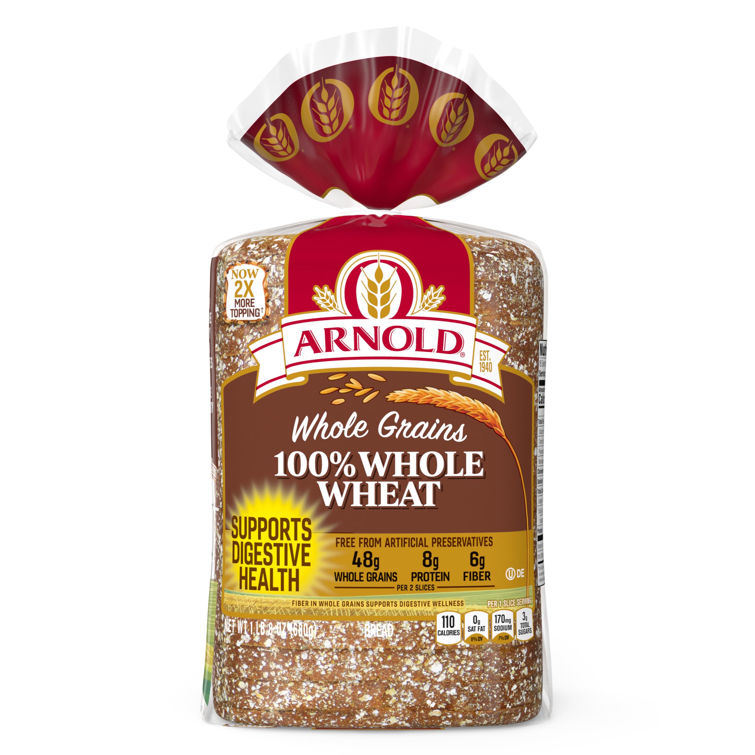 Arnold Whole Grains 100% Whole Wheat Bread - 24 oz Bag | Healthy Sandwich Bread for School Lunches & Family Breakfasts