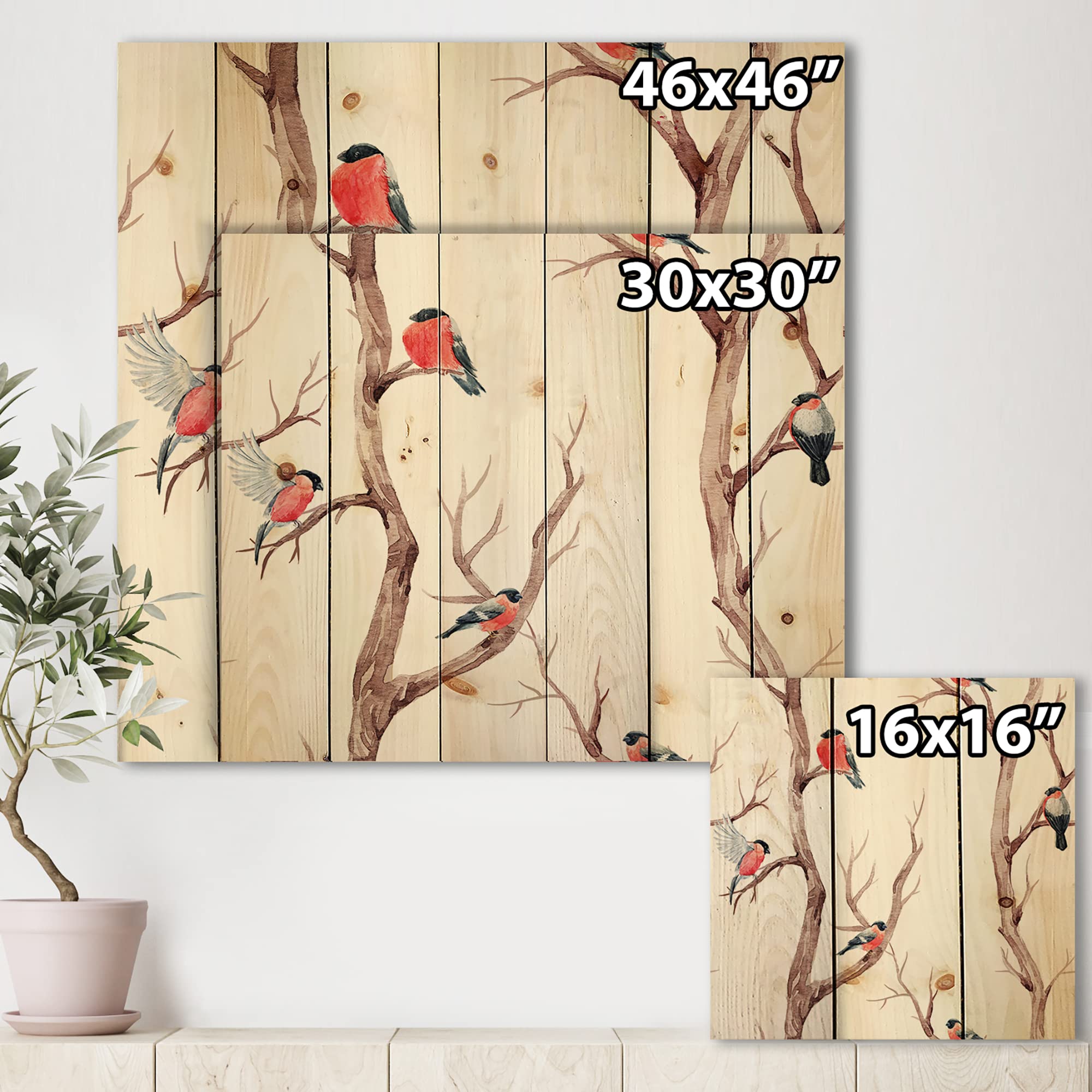 DesignQ Little Birds on Tree Branches III - Traditional Wood Wall Decor, White Wood Wall Art, Large Animal Wood Panels Printed on Natural Pine - Perfect for Living Room, Bedroom & Office Decor