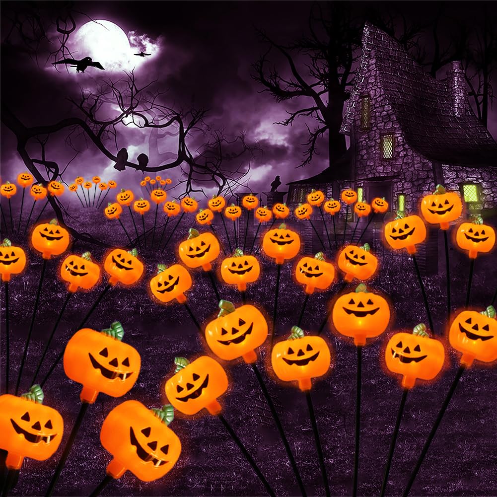 2 Pack Solar Halloween Pumpkin Stake Lights - Waterproof Outdoor Jack-O-Lantern Firefly Lights for Yard, Lawn & Garden Decor | Perfect for Pathway Lighting & Spooky Halloween Atmosphere