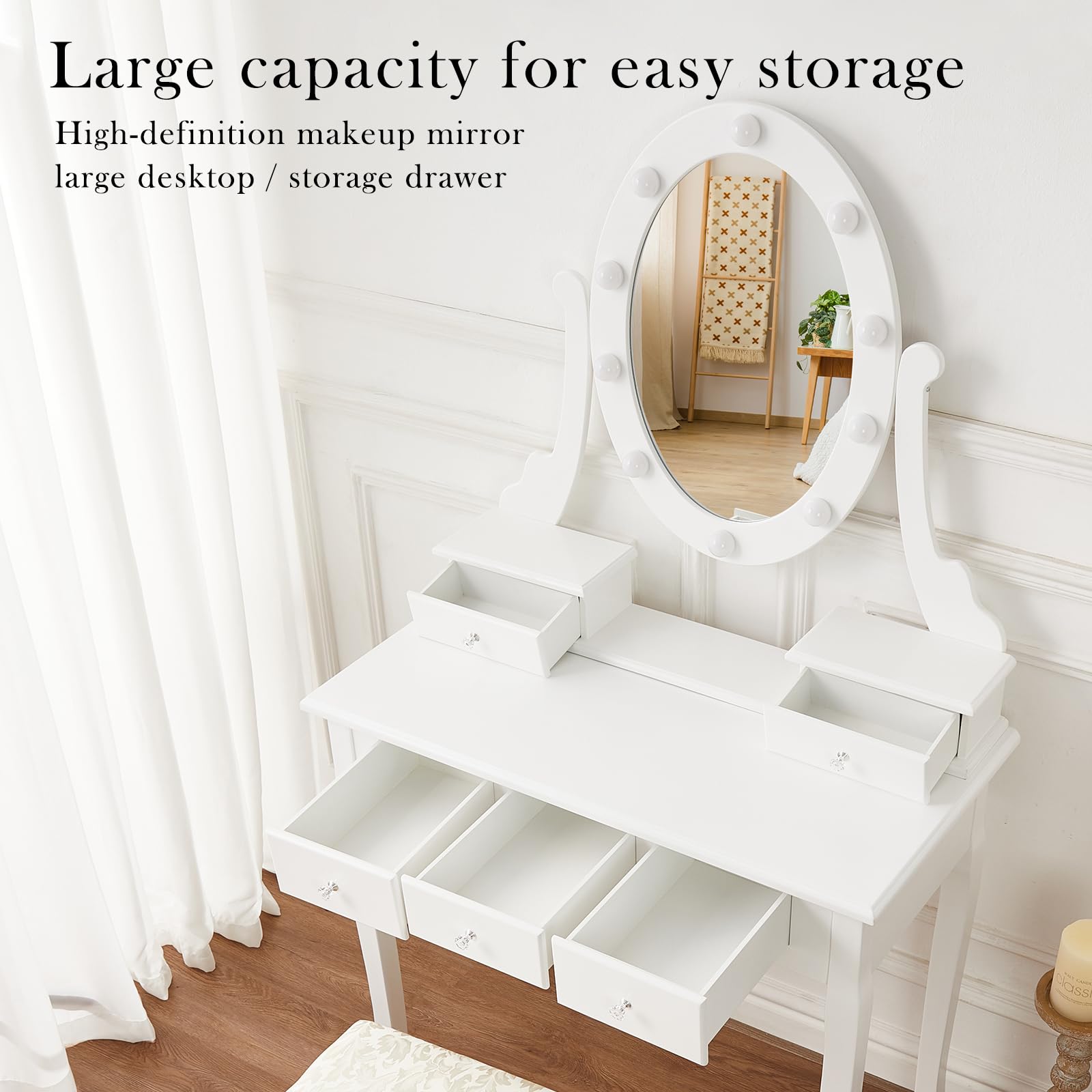 Makeup Vanity with Lights - Vintage Vanity Set with 5 Drawers, Mirror & Adjustable LED Lights - White Vanity Desk with Matching Chair - Perfect for Bedroom, Dressing Room & Beauty Salon