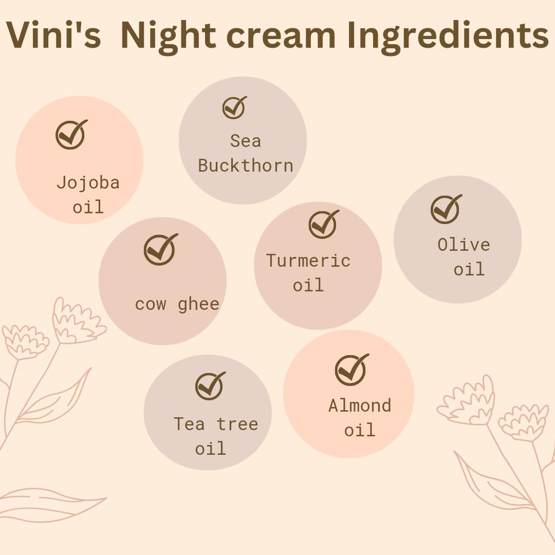 Vini's Herbal Cow Ghee Night Cream - Anti-Aging & Anti-Wrinkle Face Moisturizer for Glowing Skin | Brightening & Hydrating Cream for Nighttime Skincare Routine | Perfect for Dry & Mature Skin