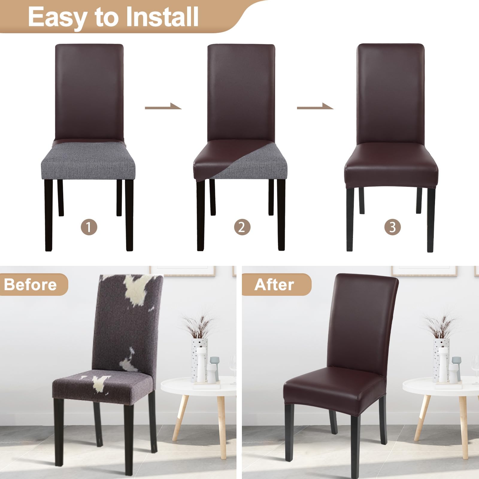 Waterproof PU Leather Dining Chair Covers Set of 6 - Stretch Oil-Resistant Parsons Chair Slipcovers, Washable Kitchen Chair Protectors for Dining Room (Brown) | Perfect for Home, Restaurant, and Office Use