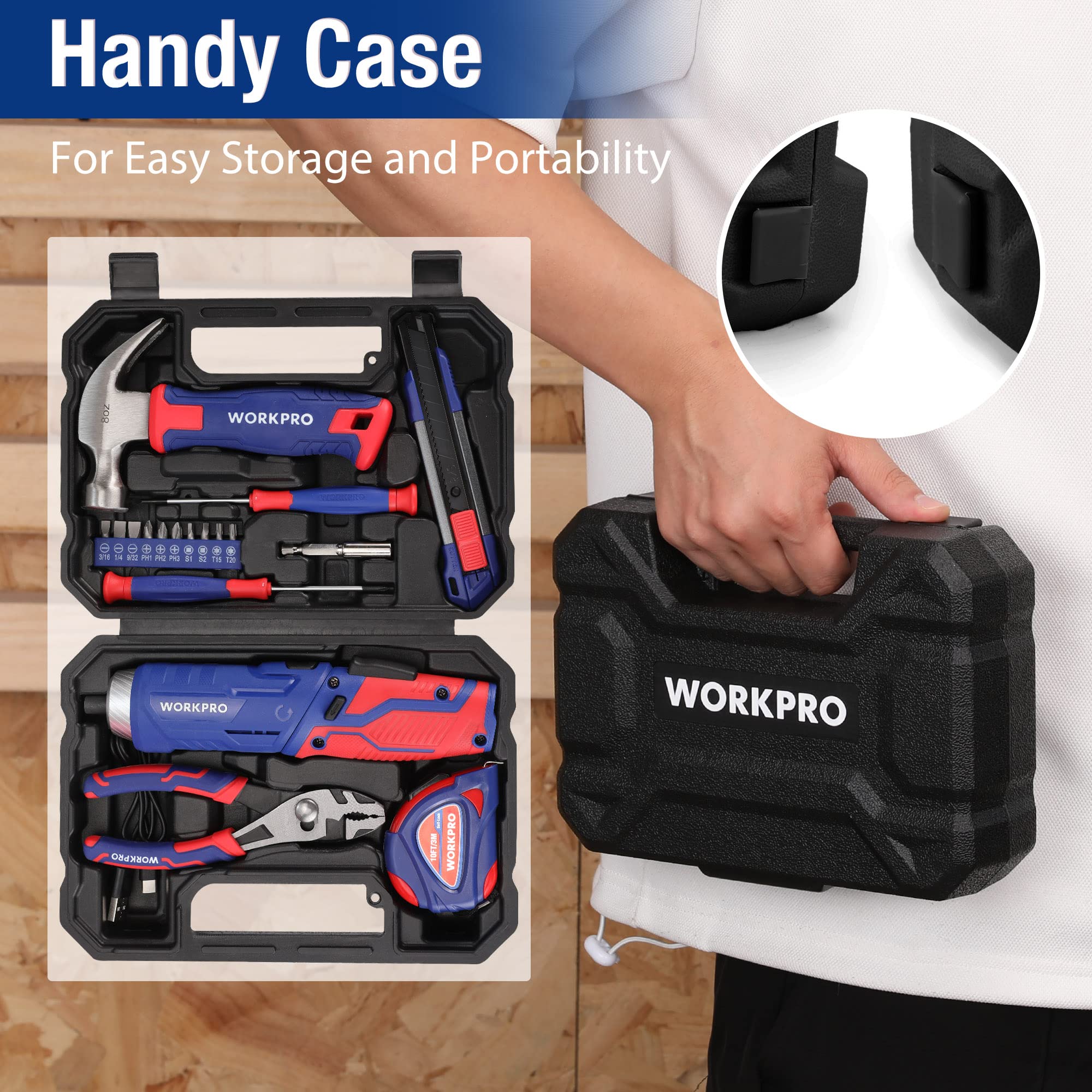 WORKPRO 18-Piece Home Tool Kit with 3.7V Rechargeable Rotating Electric Screwdriver | General Household Repair Tool Set with Portable Toolbox | Perfect for DIY Projects, Home Maintenance, Garage Work & College Dorm Essentials