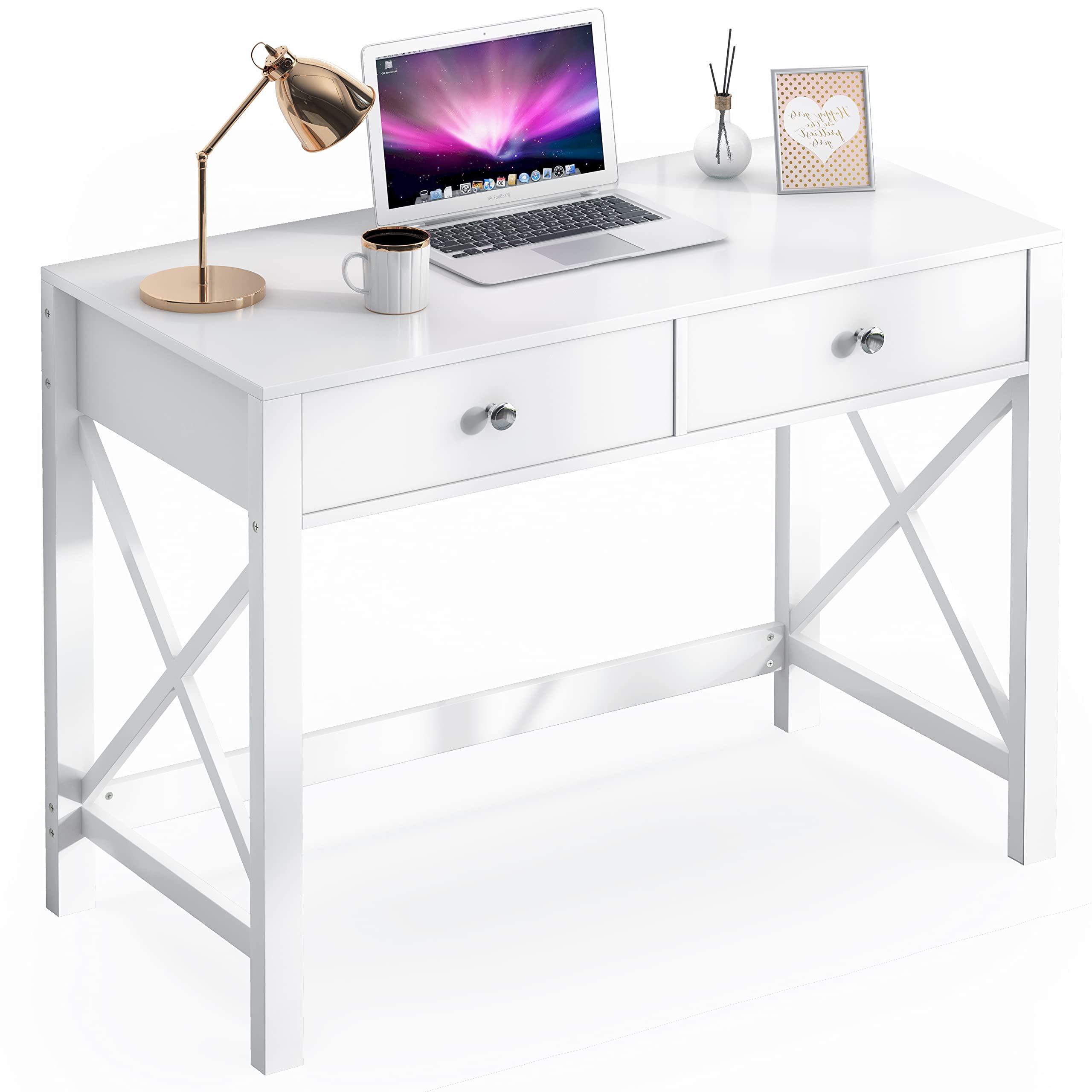 EdMaxwell WiberWi Home Office Desk with Drawers - White Modern Writing Computer Desk, Small Makeup Vanity Table for Bedroom & Study Desk for Home Office - Perfect for Remote Work, Online Classes & Makeup Application