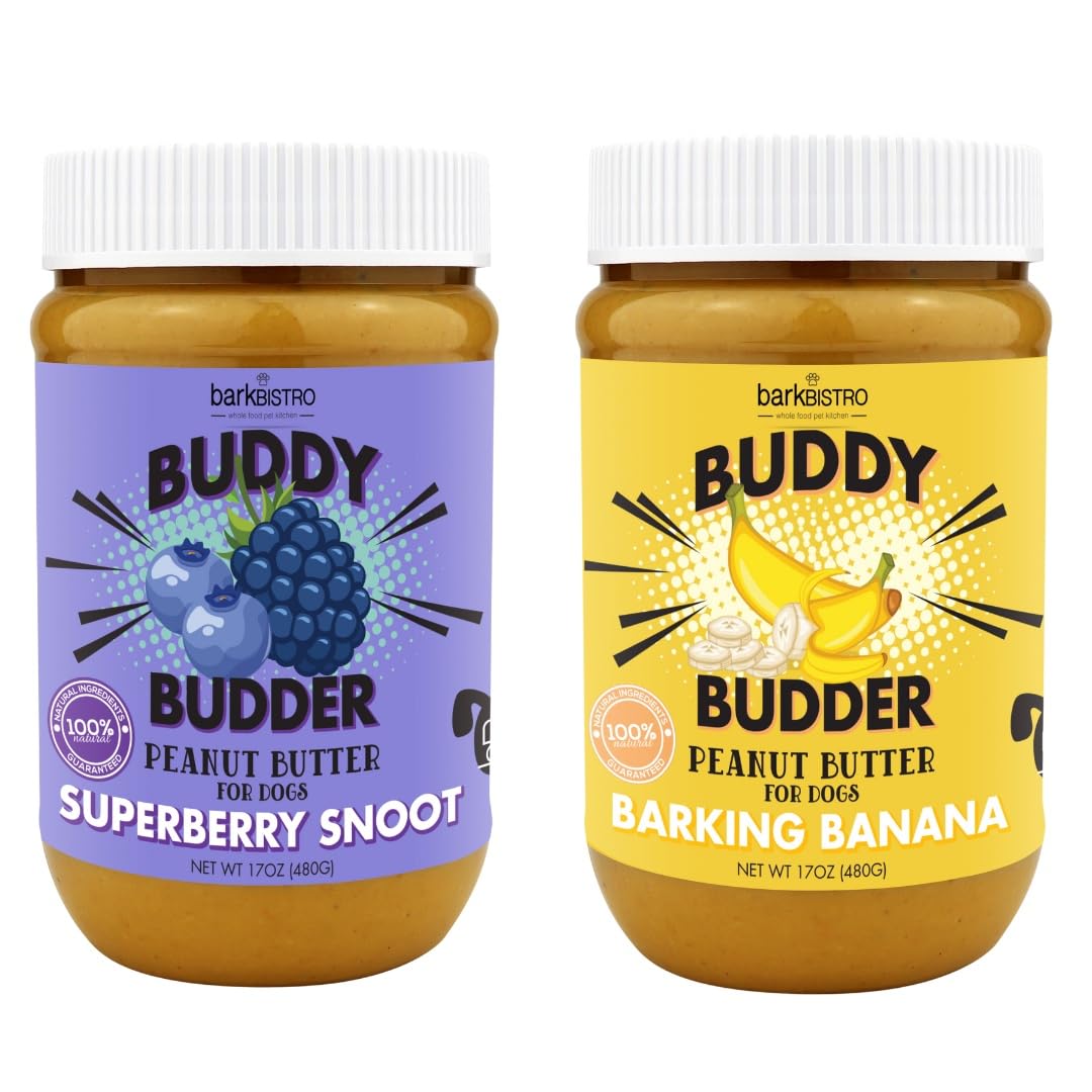 BUDDY BUDDER Superberry Snoot & Barkin' Banana Natural Peanut Butter Dog Treats - 100% All-Natural, Made in USA (2 Pack, 17oz Jars) - Perfect for Training Rewards & Dog Birthday Gifts