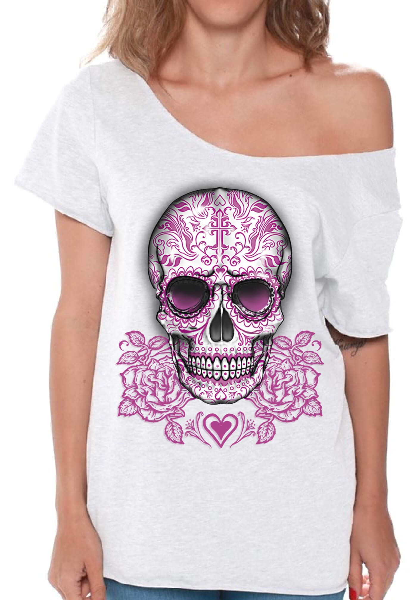 Awkwardstyles Sugar Skull Pink Roses Off Shoulder T-Shirt for Women | Gothic Floral Print Cotton Top | Perfect for Halloween, Day of the Dead & Festival Outfits