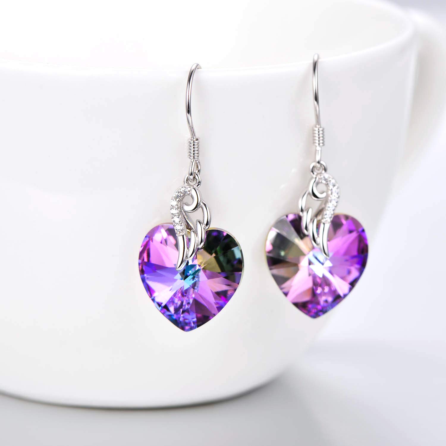 AOBOCO Sterling Silver Love Heart Dangle Drop Earrings with Sparkling Crystals - Elegant Fine Jewelry Gift for Women, Anniversary, Birthday, Christmas & Holiday - Perfect for Date Night, Wedding & Special Occasions