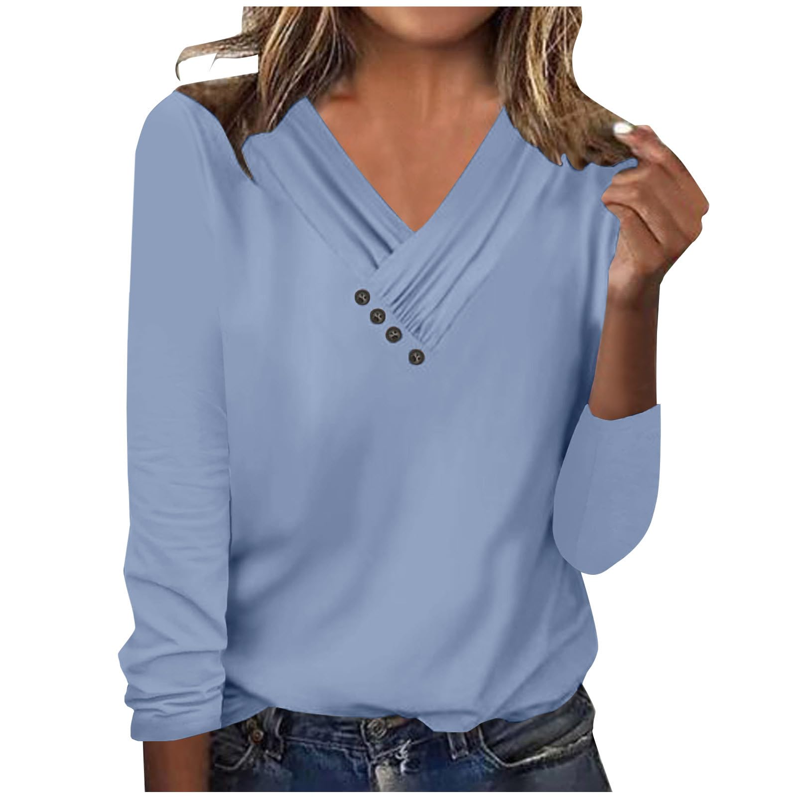 Women's Long Sleeve V-Neck Button Down Shirts - Fall Casual Solid Color Tops 2024 | Perfect for Office Wear, Autumn Layering & Everyday Comfort